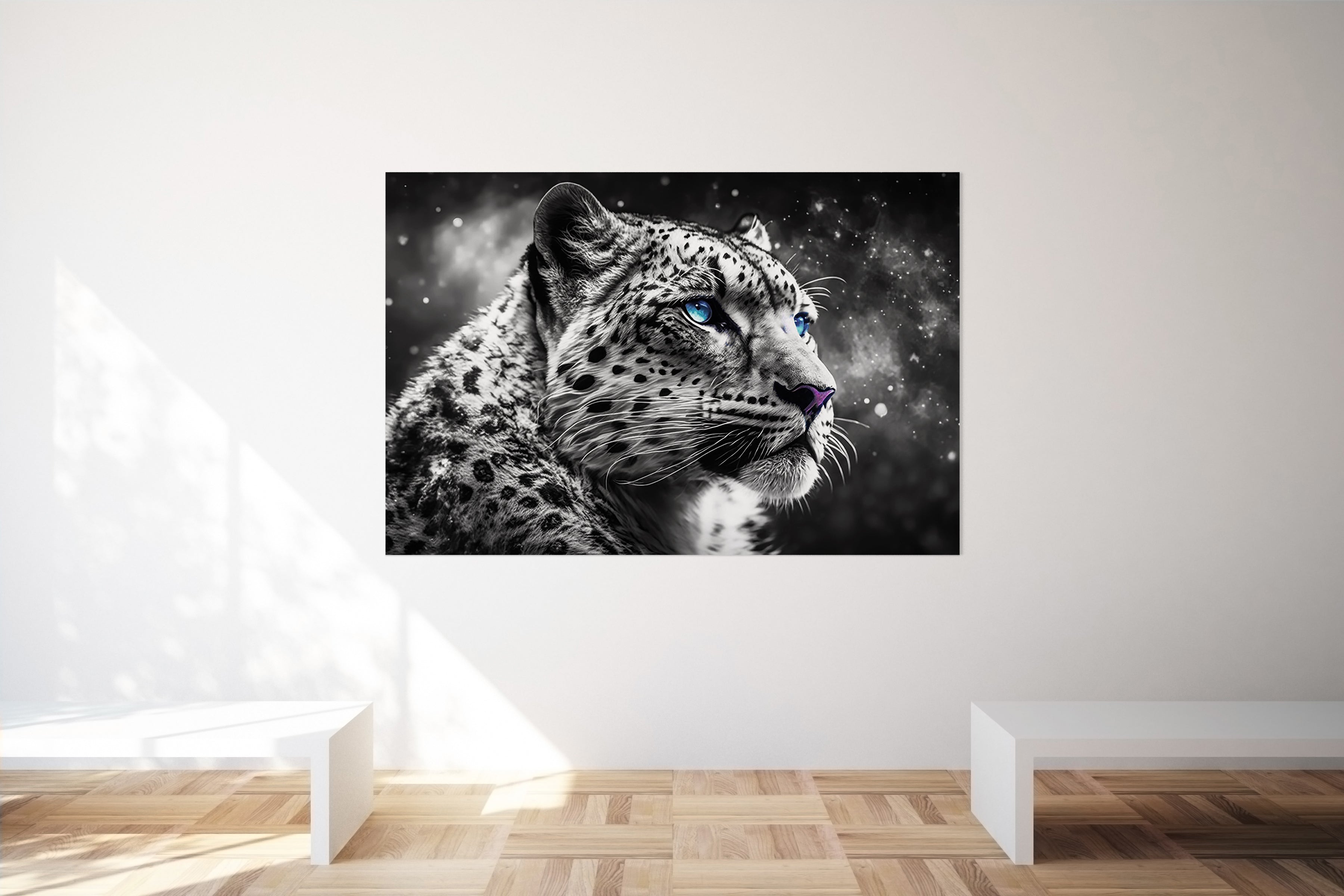 Black and White Big Cat Snow Leopard Face Wall Art Canvas Print