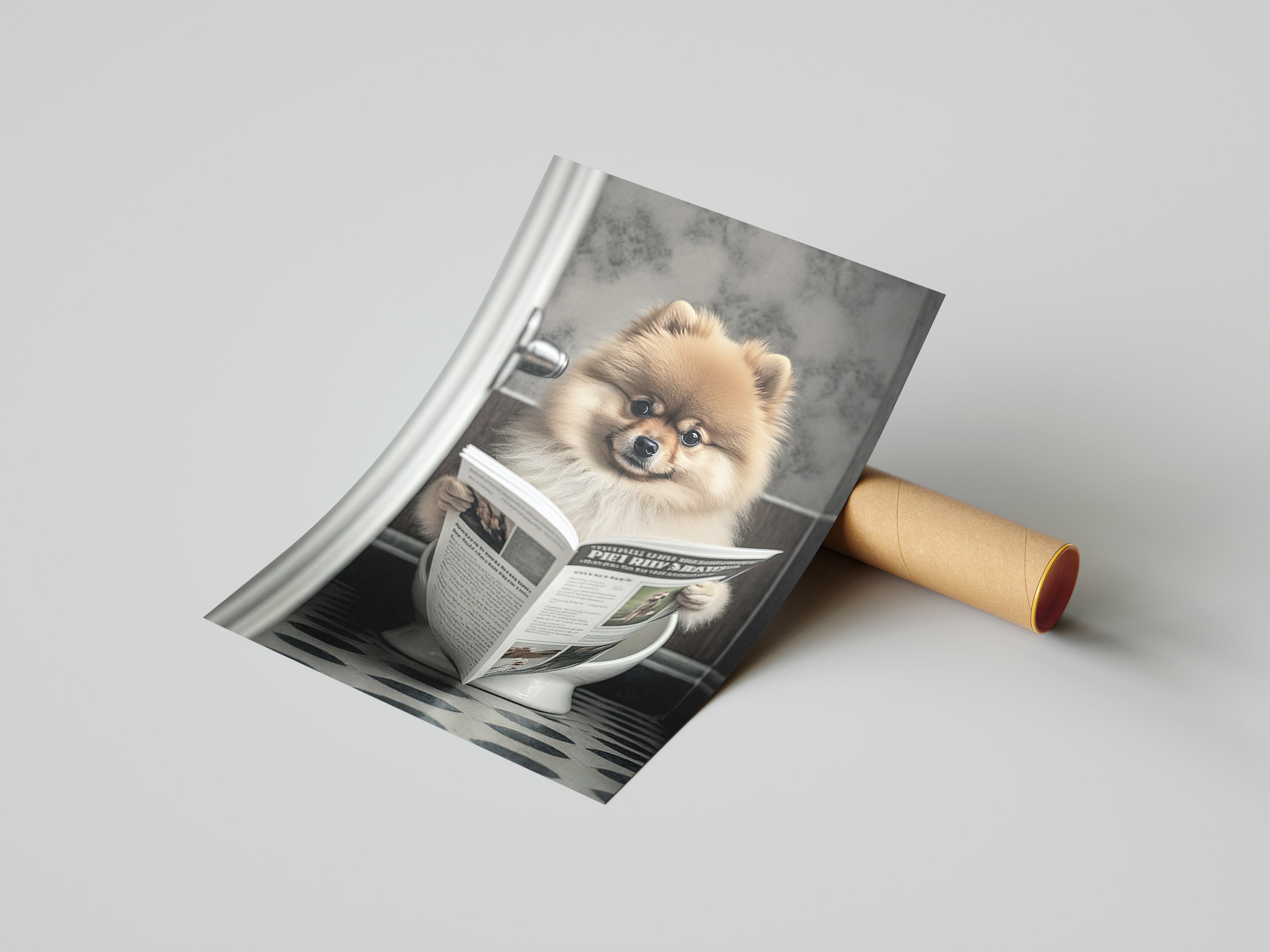 Pomeranian Reading Paper On Toilet Funny Canvas Print Wall Art