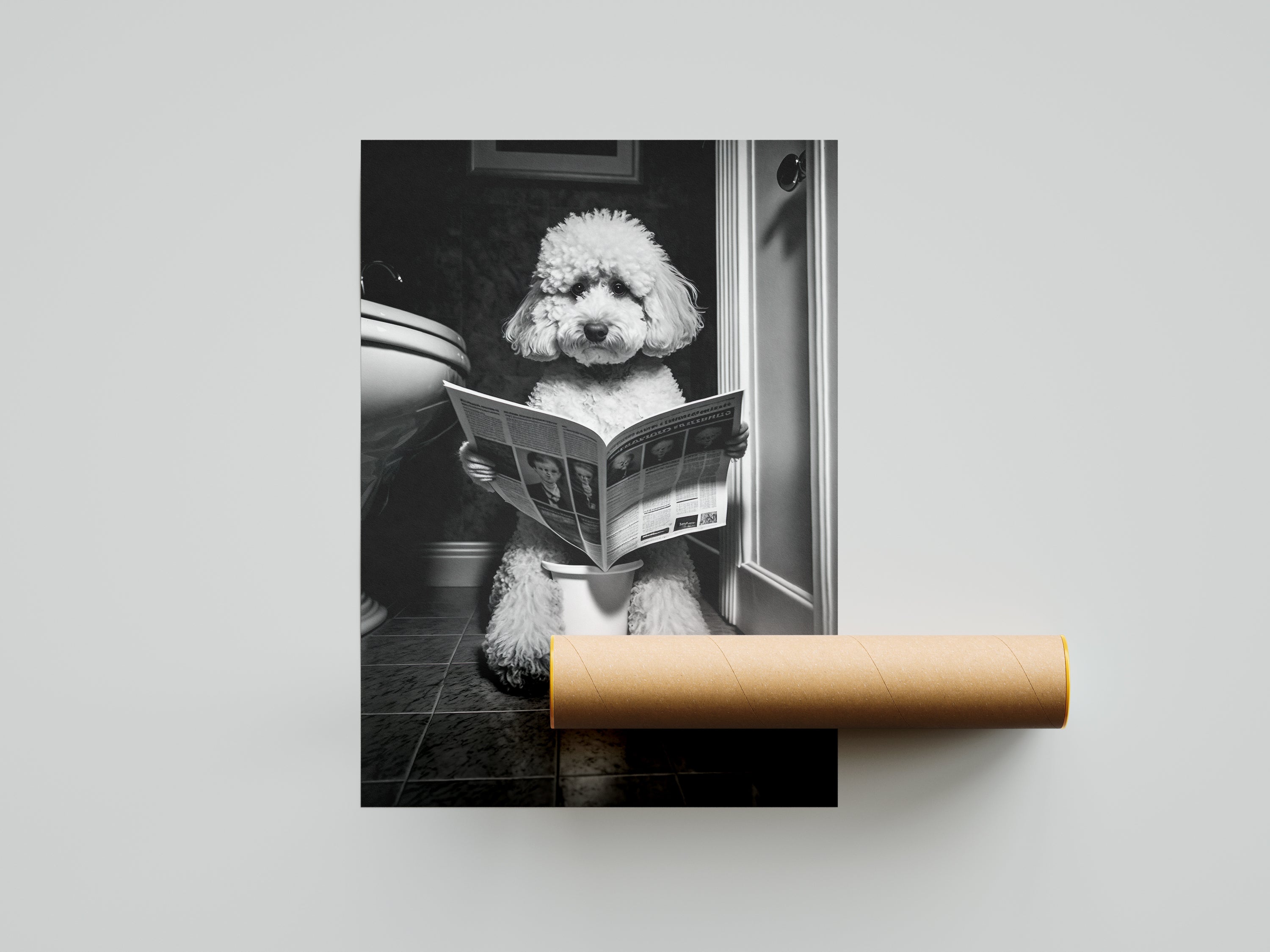 Poodle Dog Reading Newspaper On Toilet Bathroom Wall Art