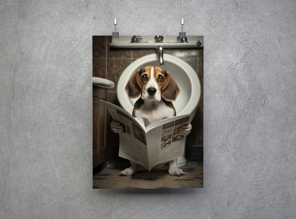 Beagle Dog Reading Paper On Toilet Funny Canvas Print Wall Art Décor Picture