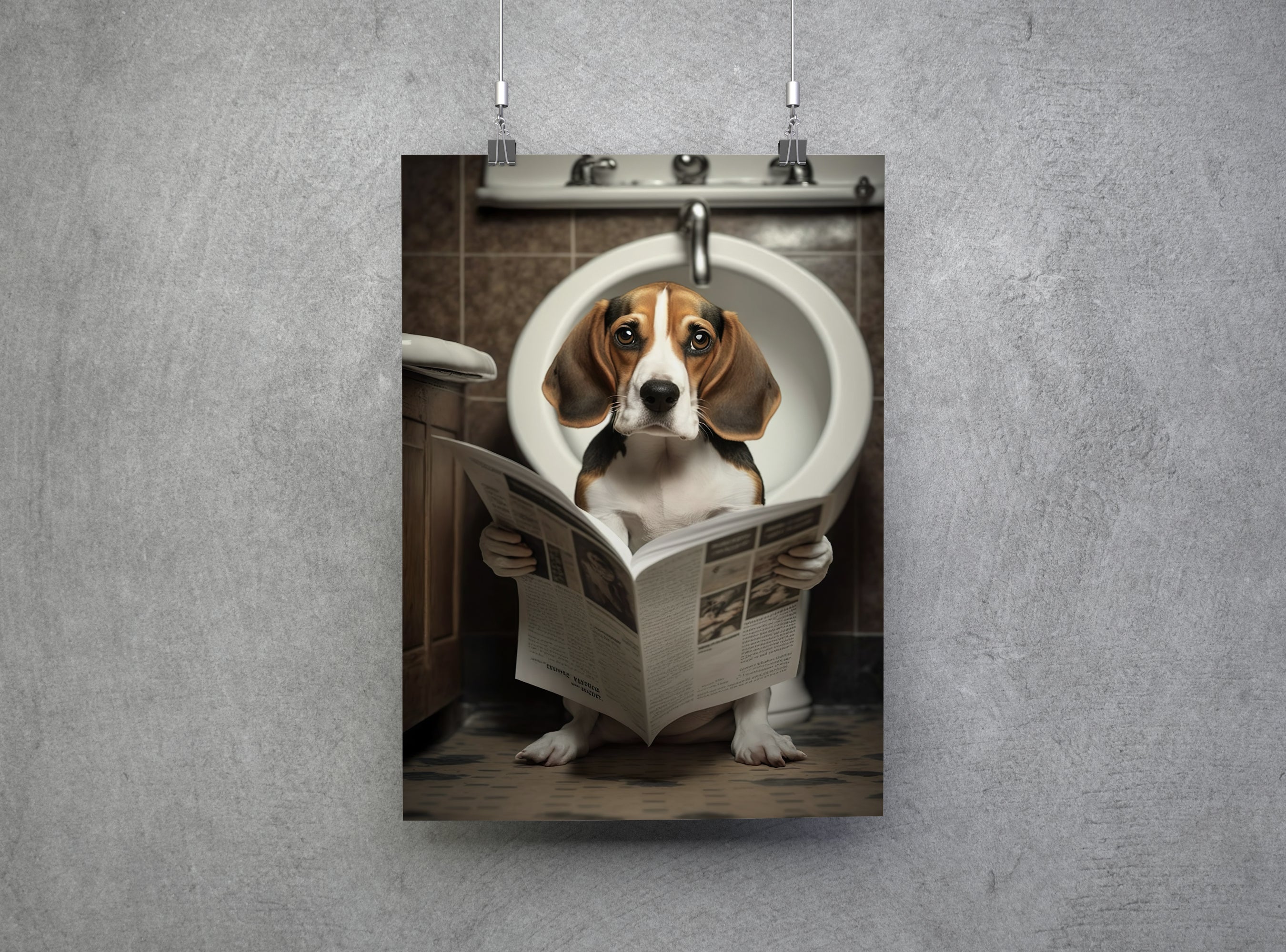 Beagle Dog Reading Paper On Toilet Funny Canvas Print Wall Art Décor Picture