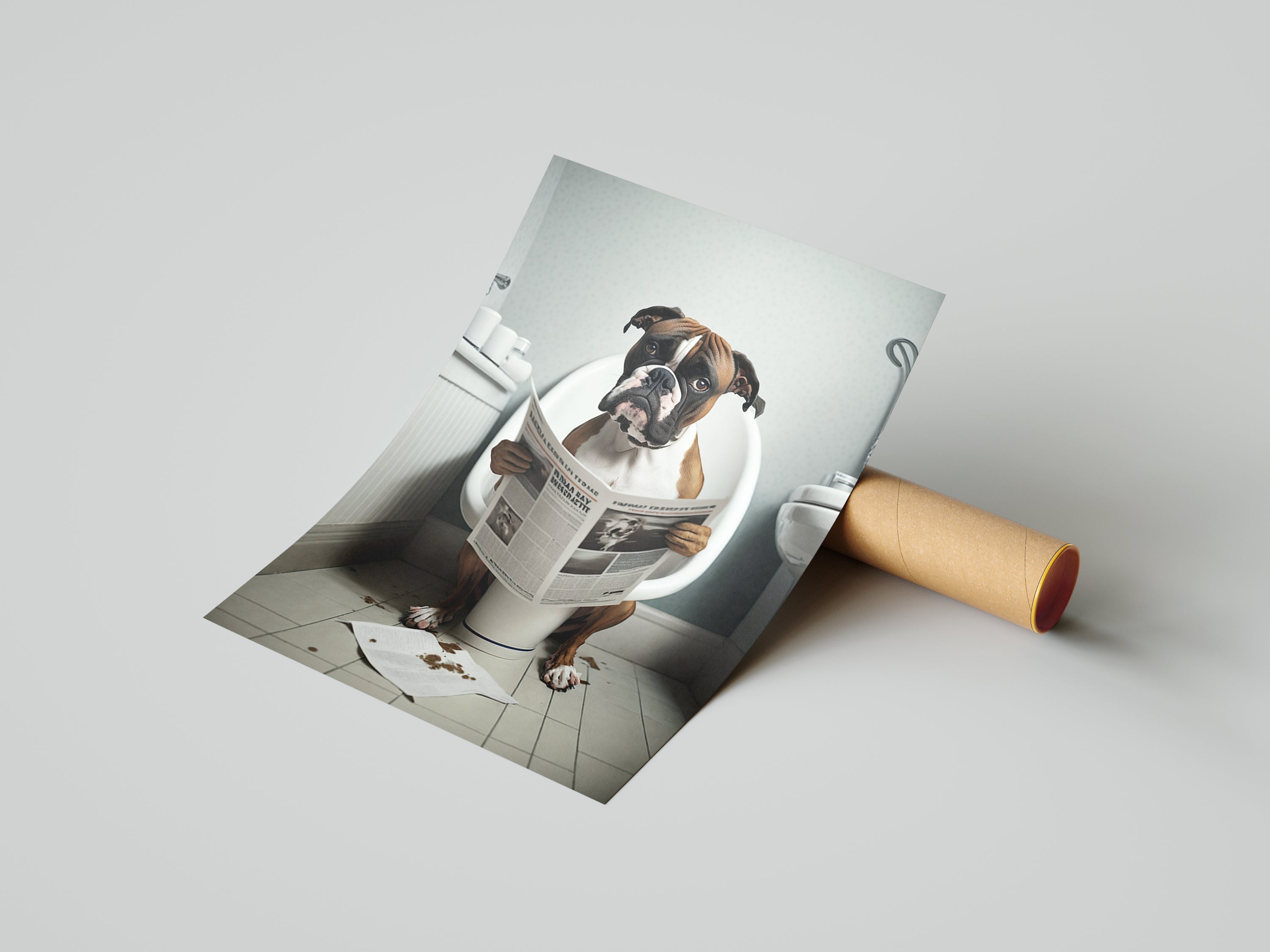 Boxer Dog Reading Paper On Toilet Funny Canvas Print Wall Art Décor Picture
