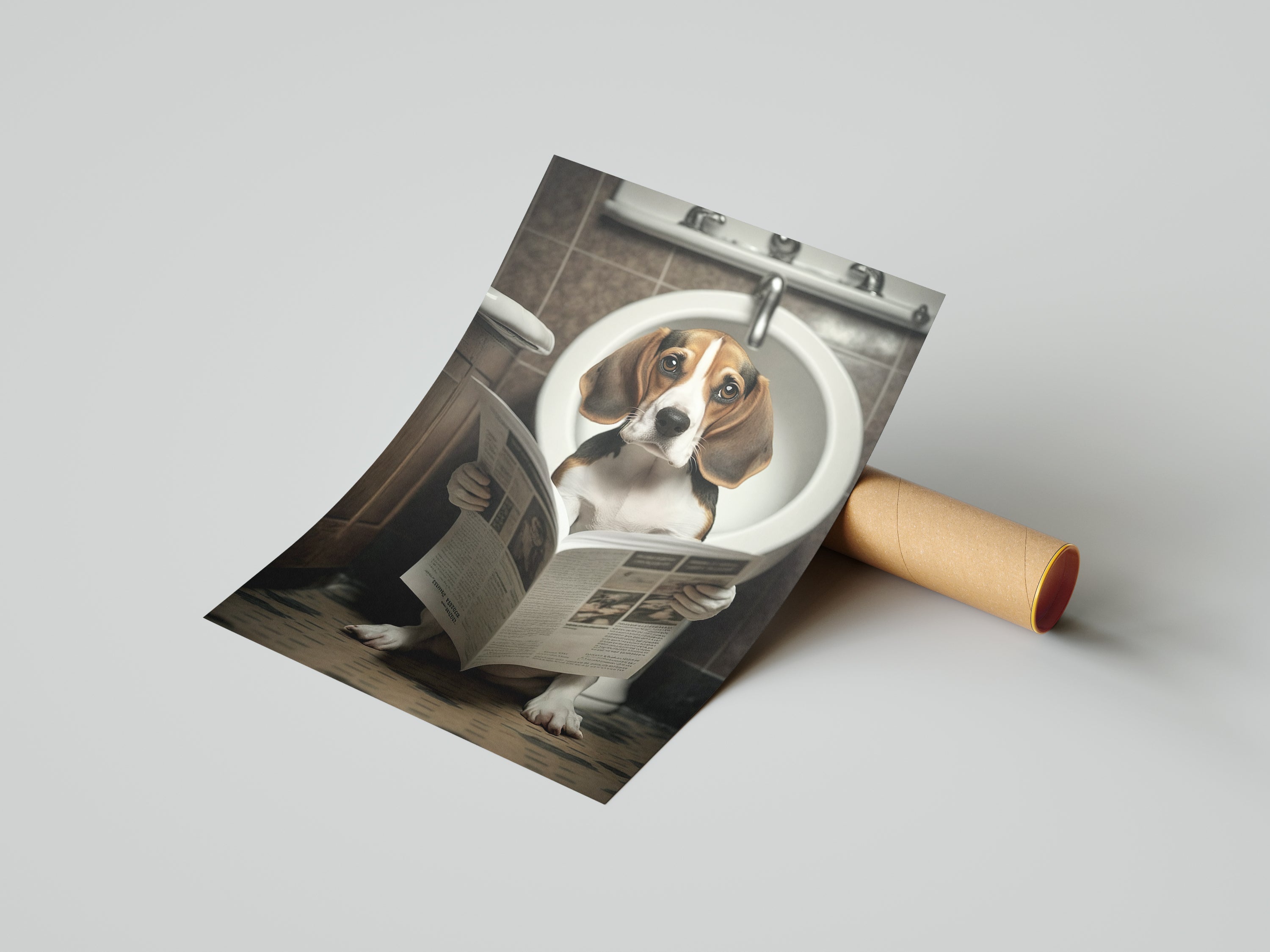 Beagle Dog Reading Paper On Toilet Funny Canvas Print Wall Art Décor Picture
