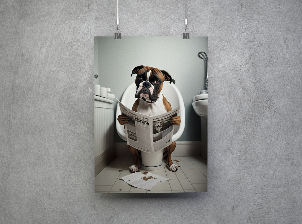 Boxer Dog Reading Paper On Toilet Funny Canvas Print Wall Art Décor Picture