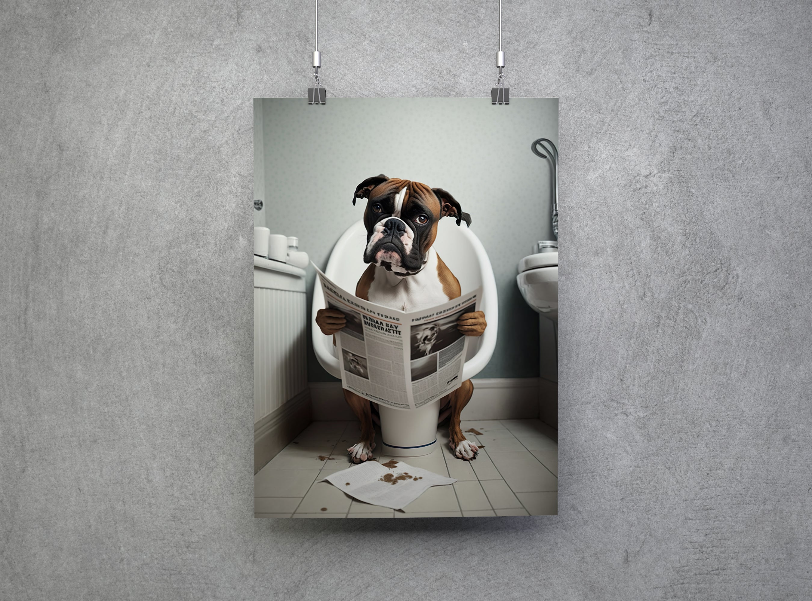 Boxer Dog Reading Paper On Toilet Funny Canvas Print Wall Art Décor Picture