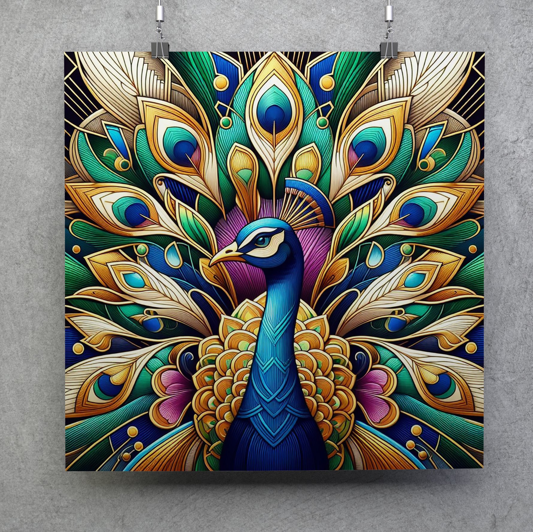Beautiful Peacock Art Deco Square Wall Art Print
