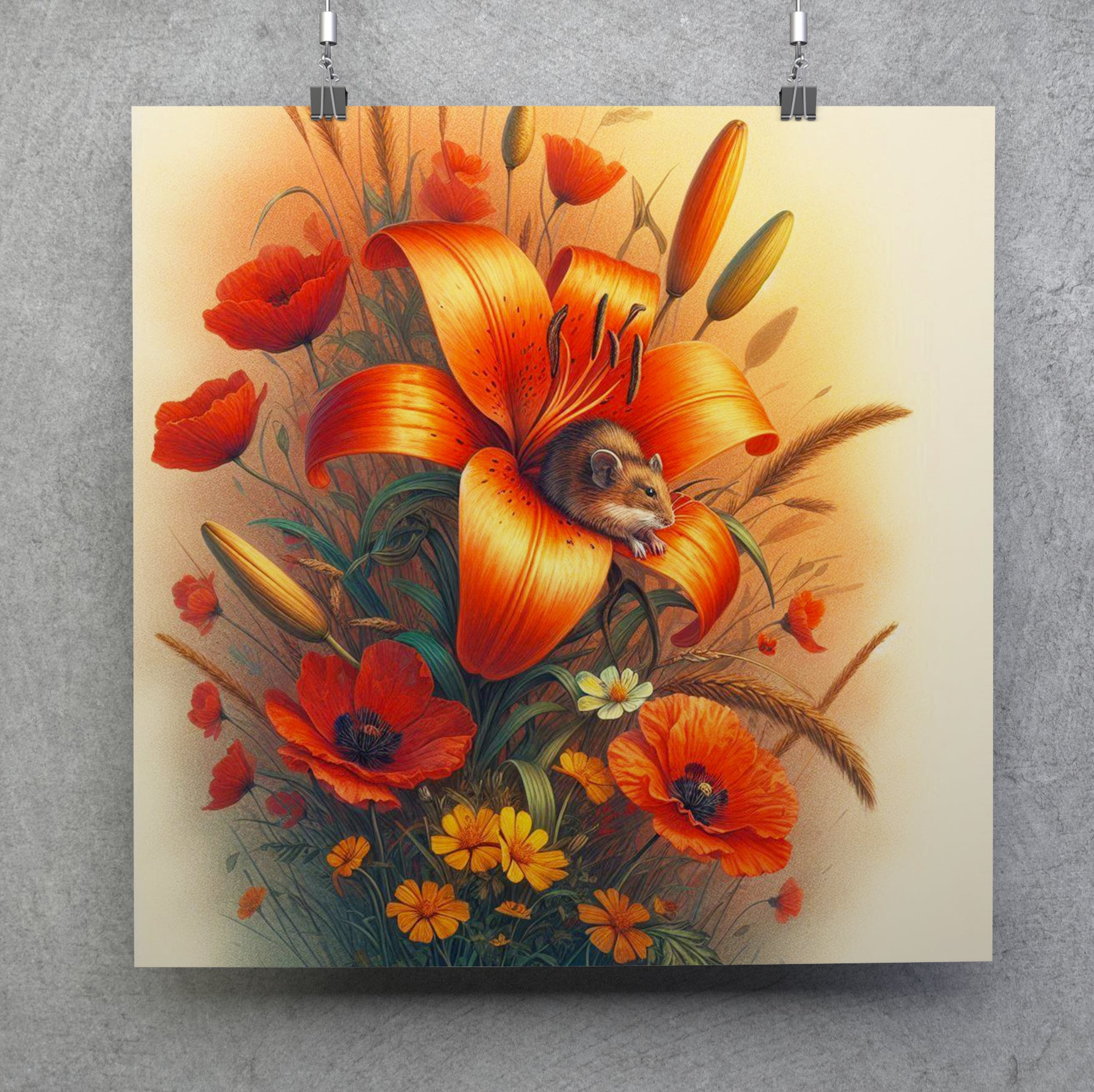 Flowers and Field Mouse Floral Canvas Wall Art Print
