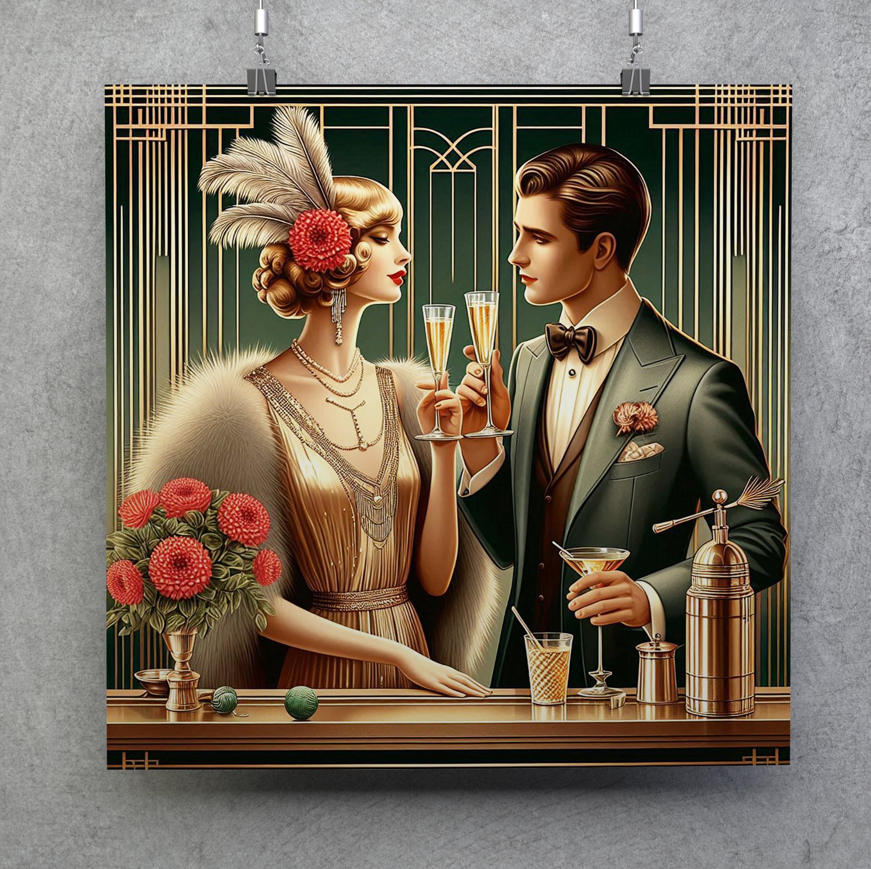 Art Deco Couple Drinking Square Canvas Print Wall Art