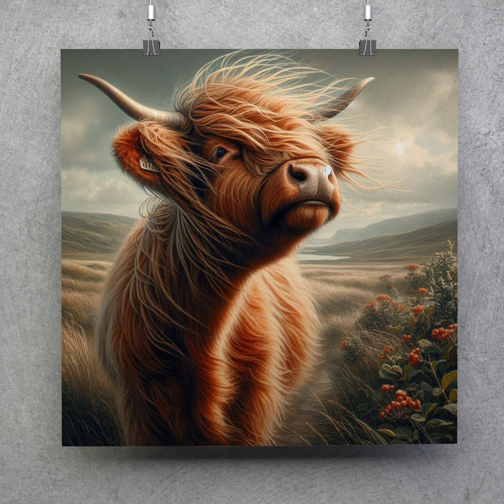Scottish Highland Cow Scenic Square Canvas Print Wall Art