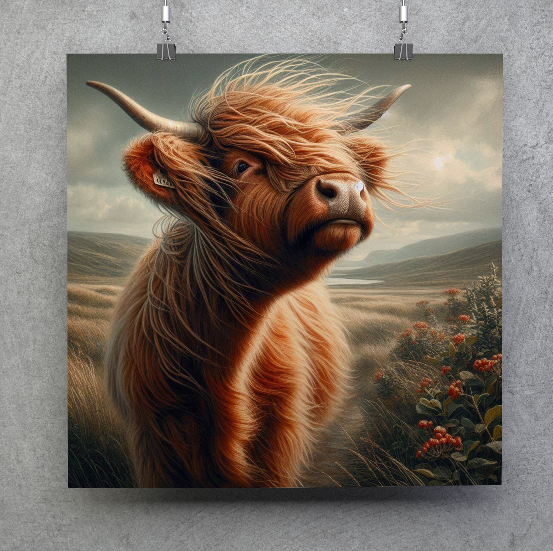 Scottish Highland Cow Scenic Square Canvas Print Wall Art
