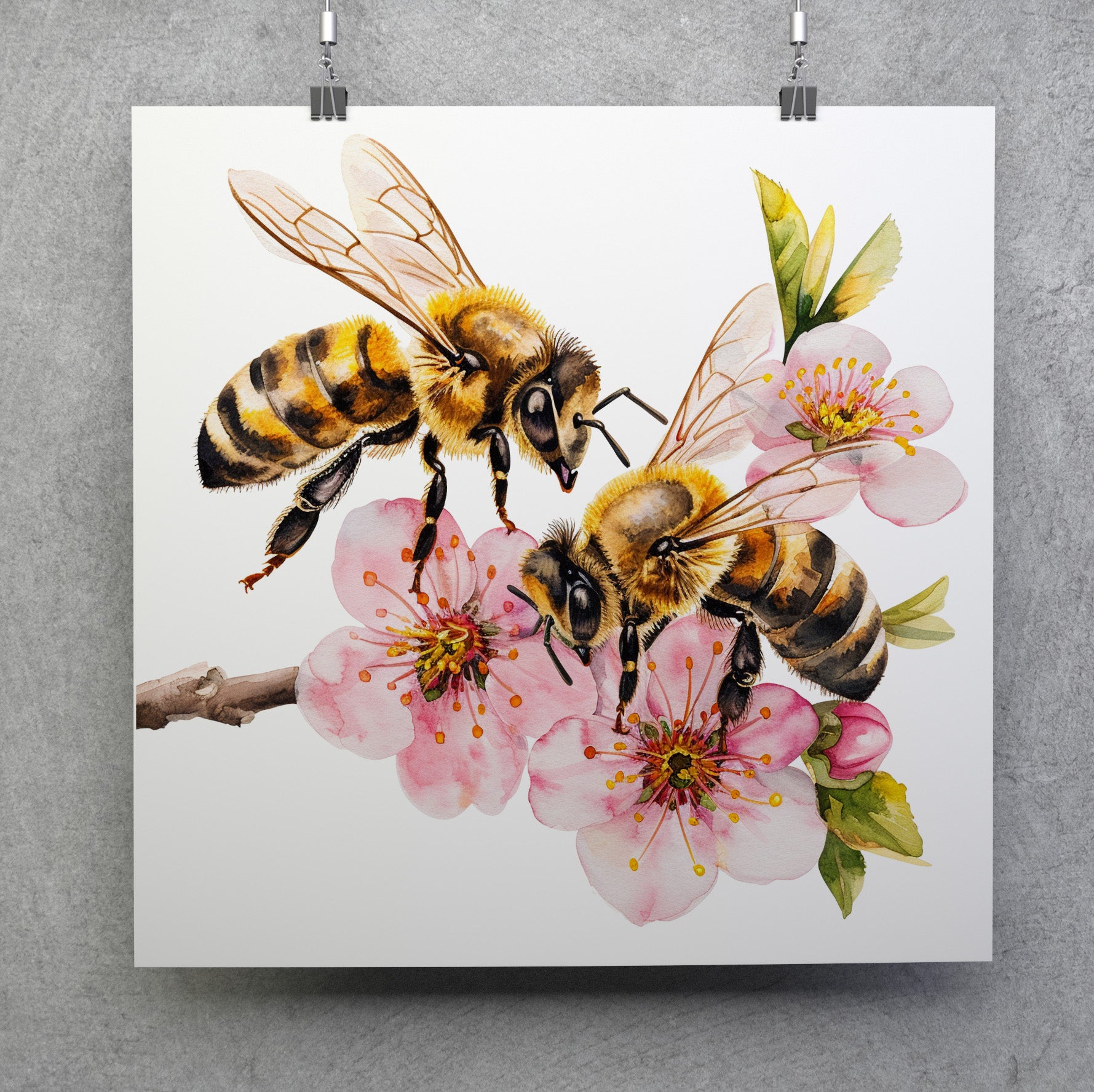 Honey Bees On Cherry Blossom Nature Canvas Wall Art Print