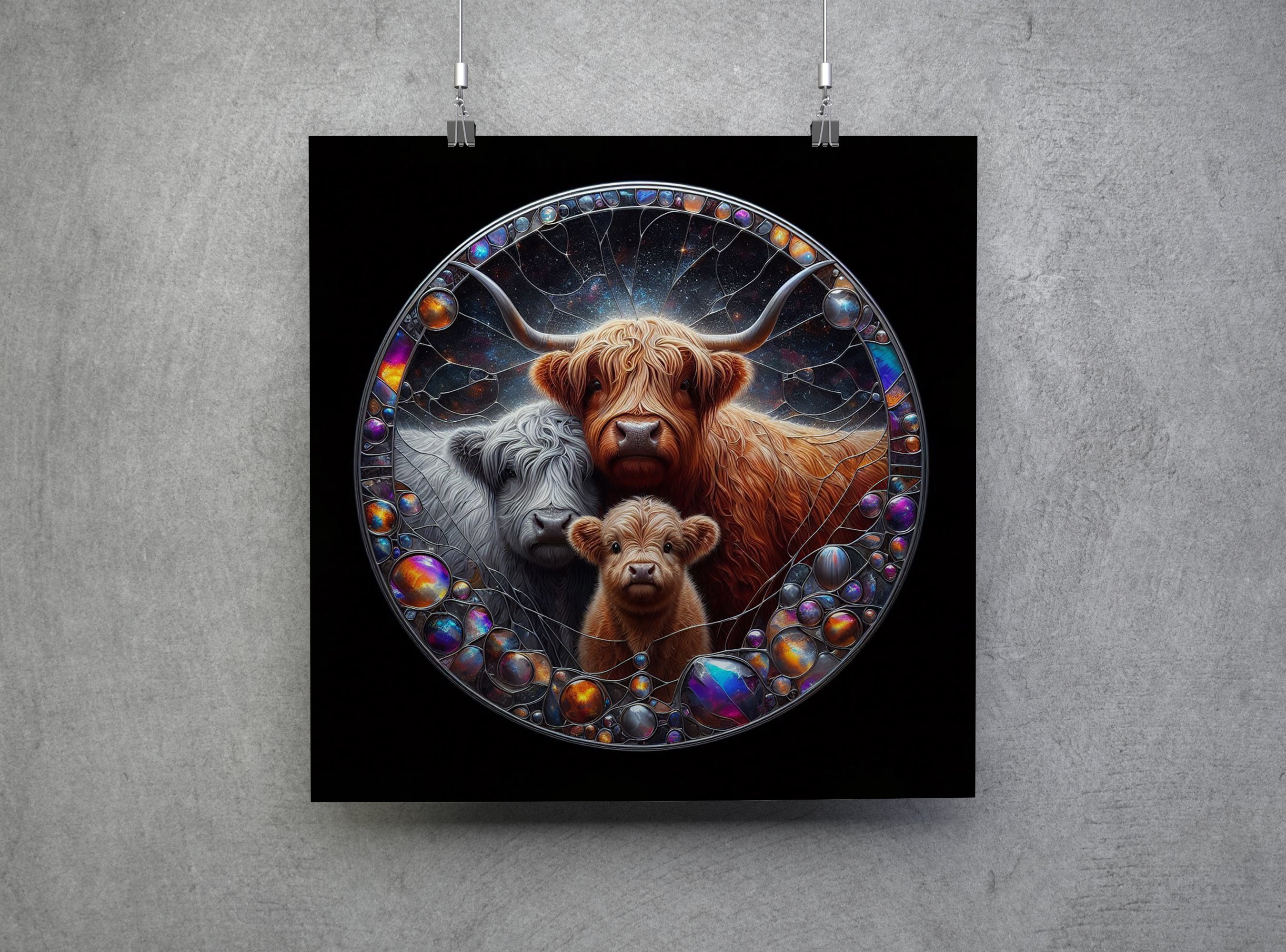 Highland Cow Family Mosaic Square Canvas Print Wall Art or Poster Print