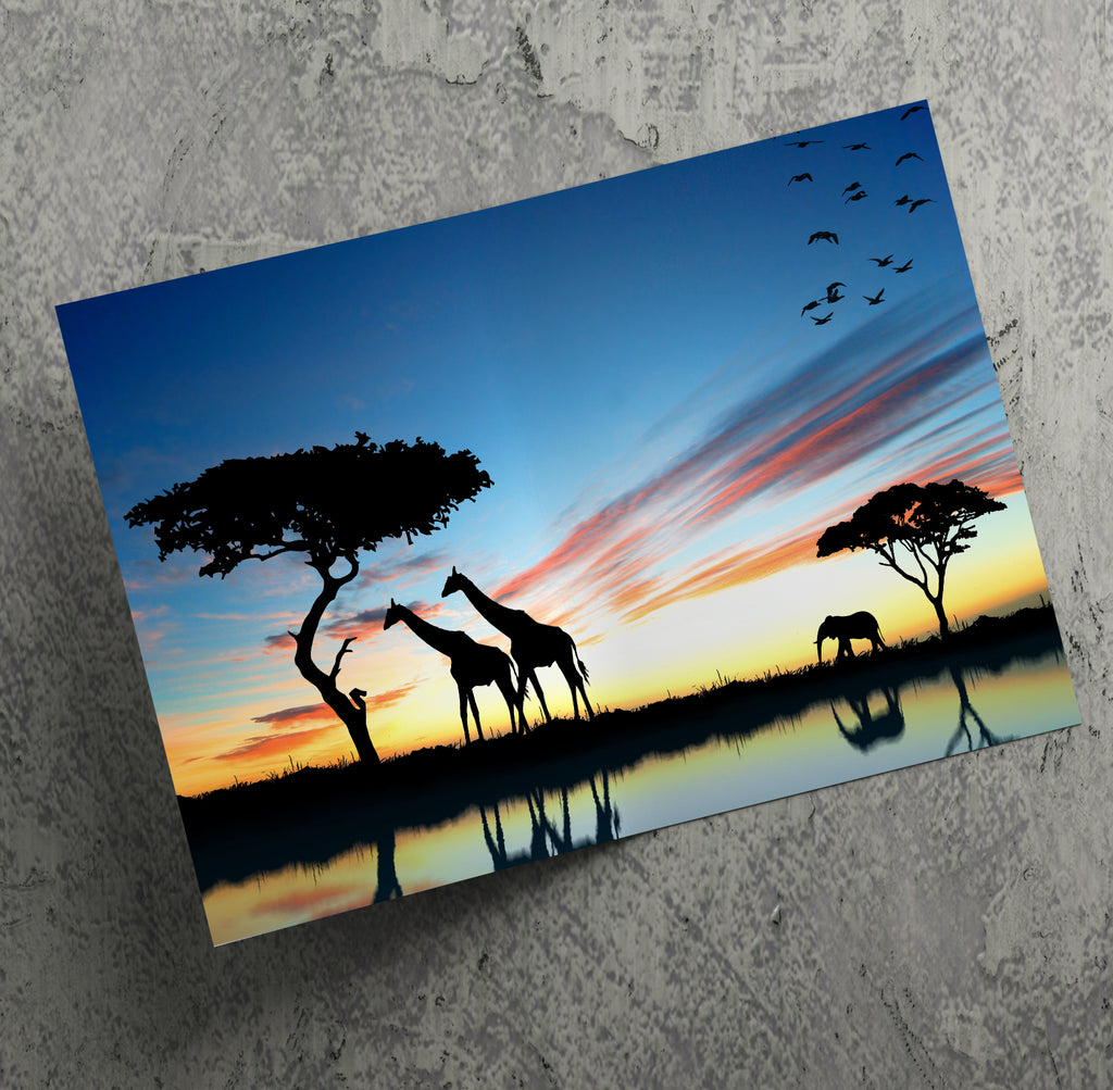 Giraffe Silhouettes African Sunset Landscape Wall Art