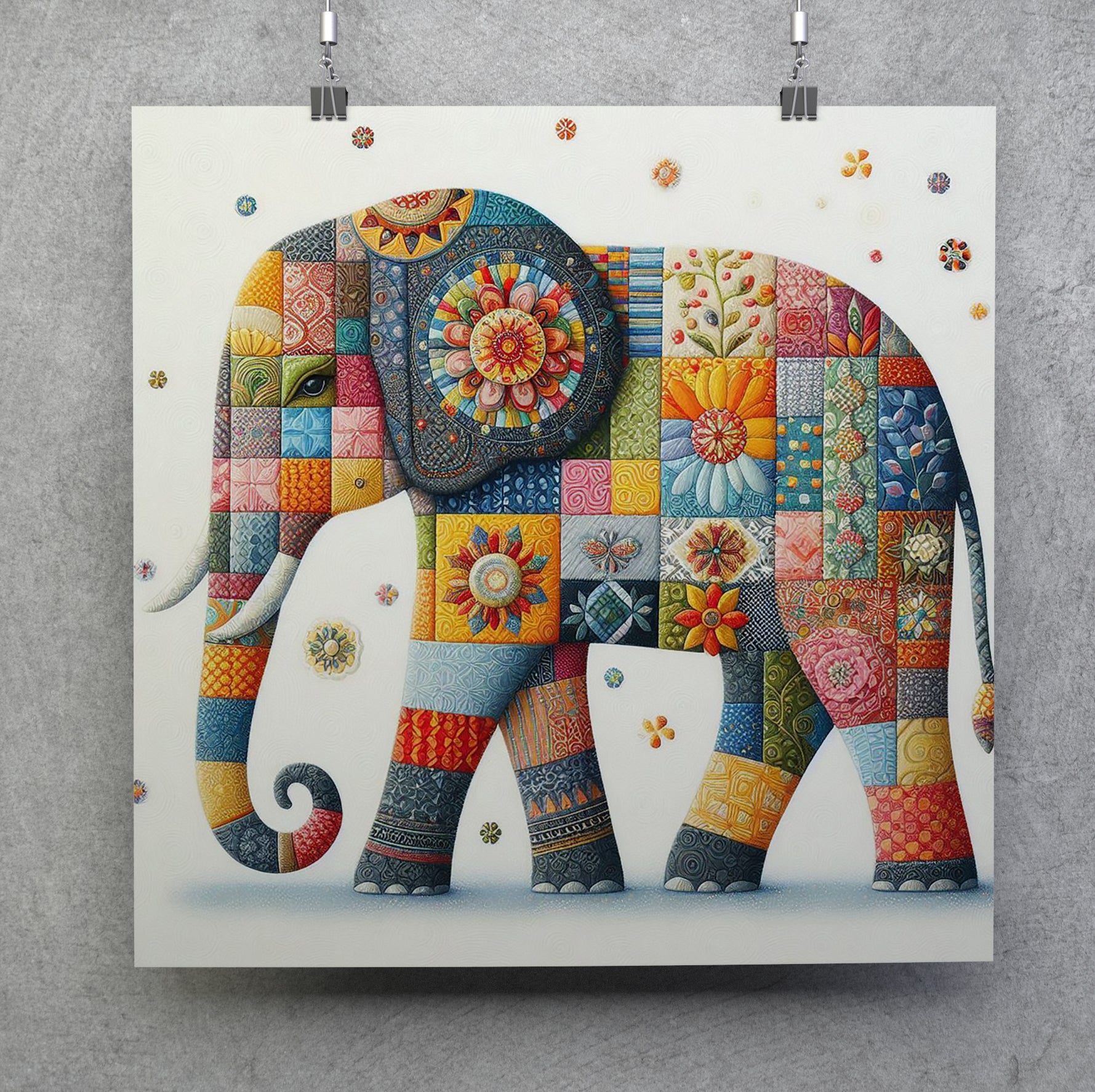 Colourful Patchwork Elephant Square Canvas Print Wall Art or Poster Print