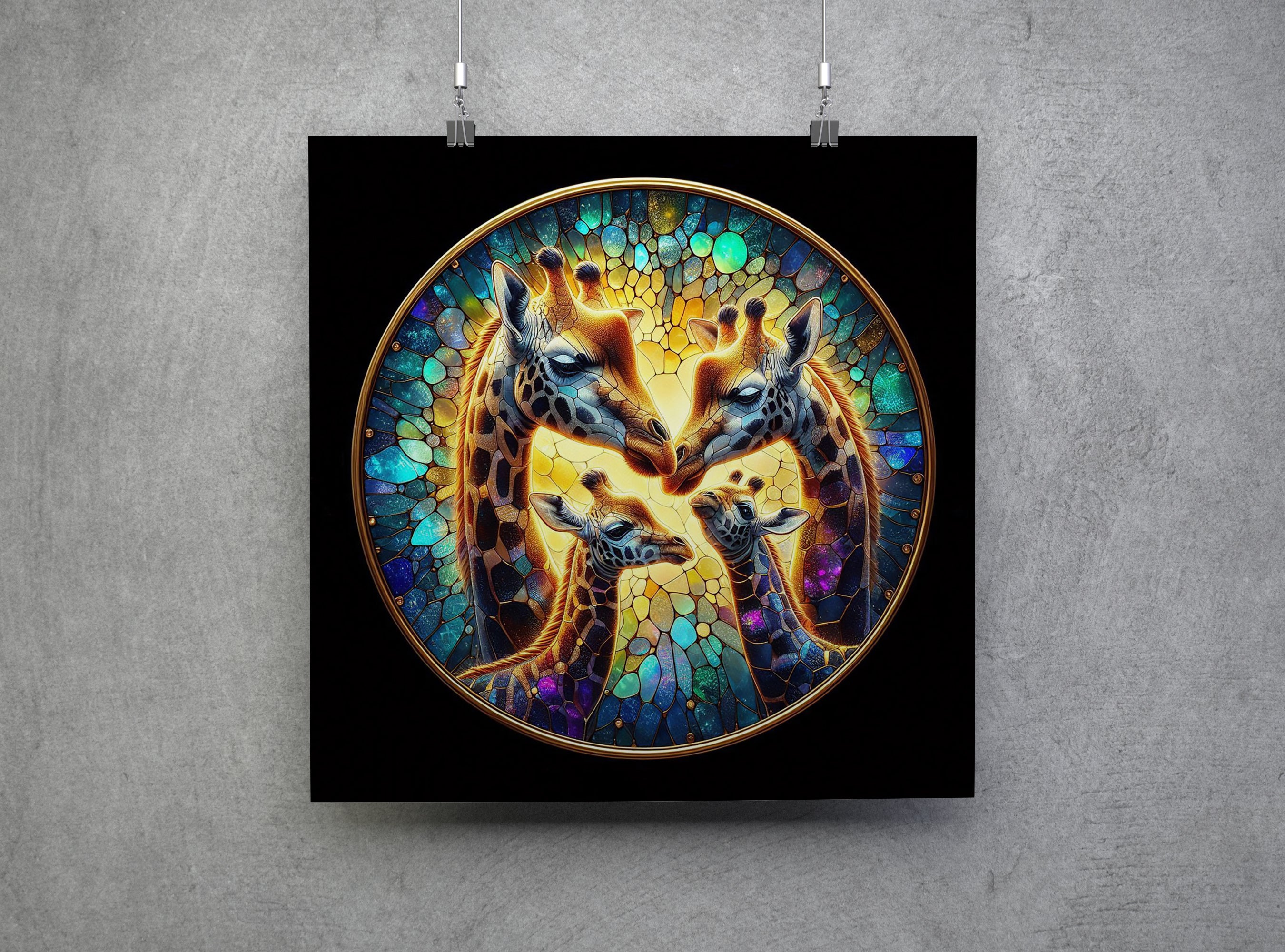 Giraffe Family Mosaic Square Canvas Print Wall Art or Poster Print