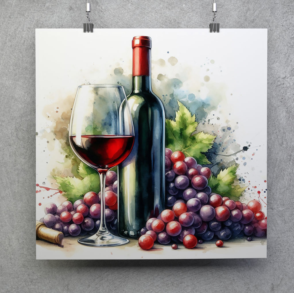 Red Wine Watercolour Style Square Canvas Print Wall Art