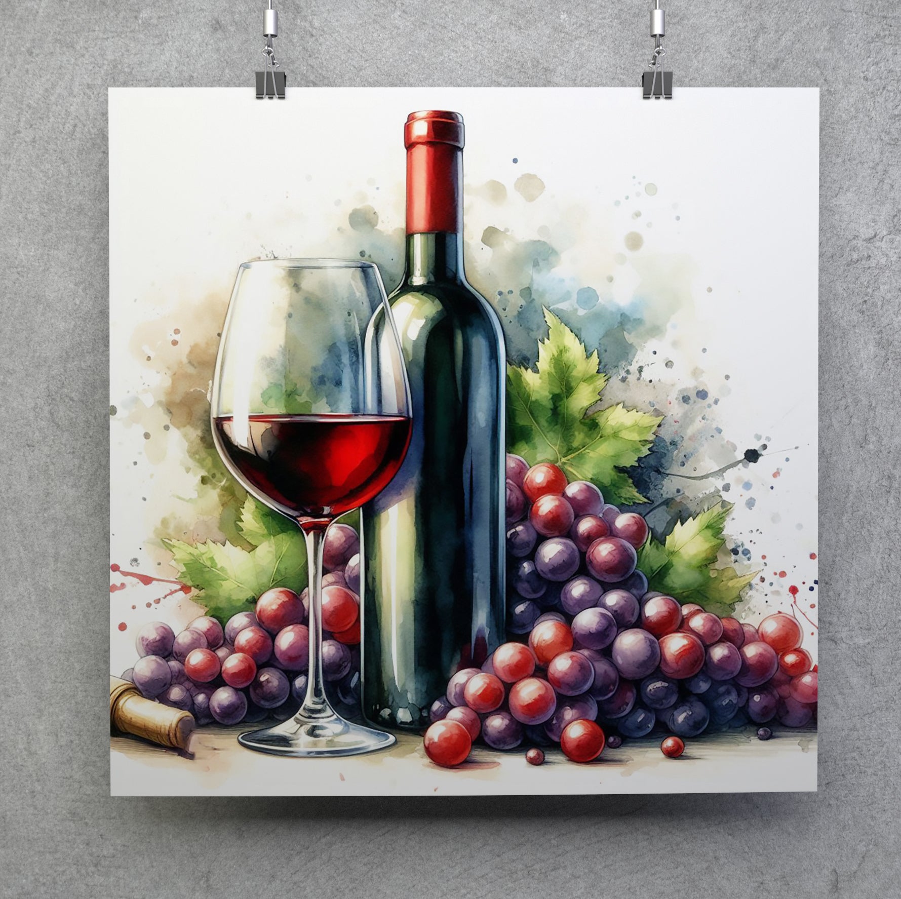 Red Wine Watercolour Style Square Canvas Print Wall Art