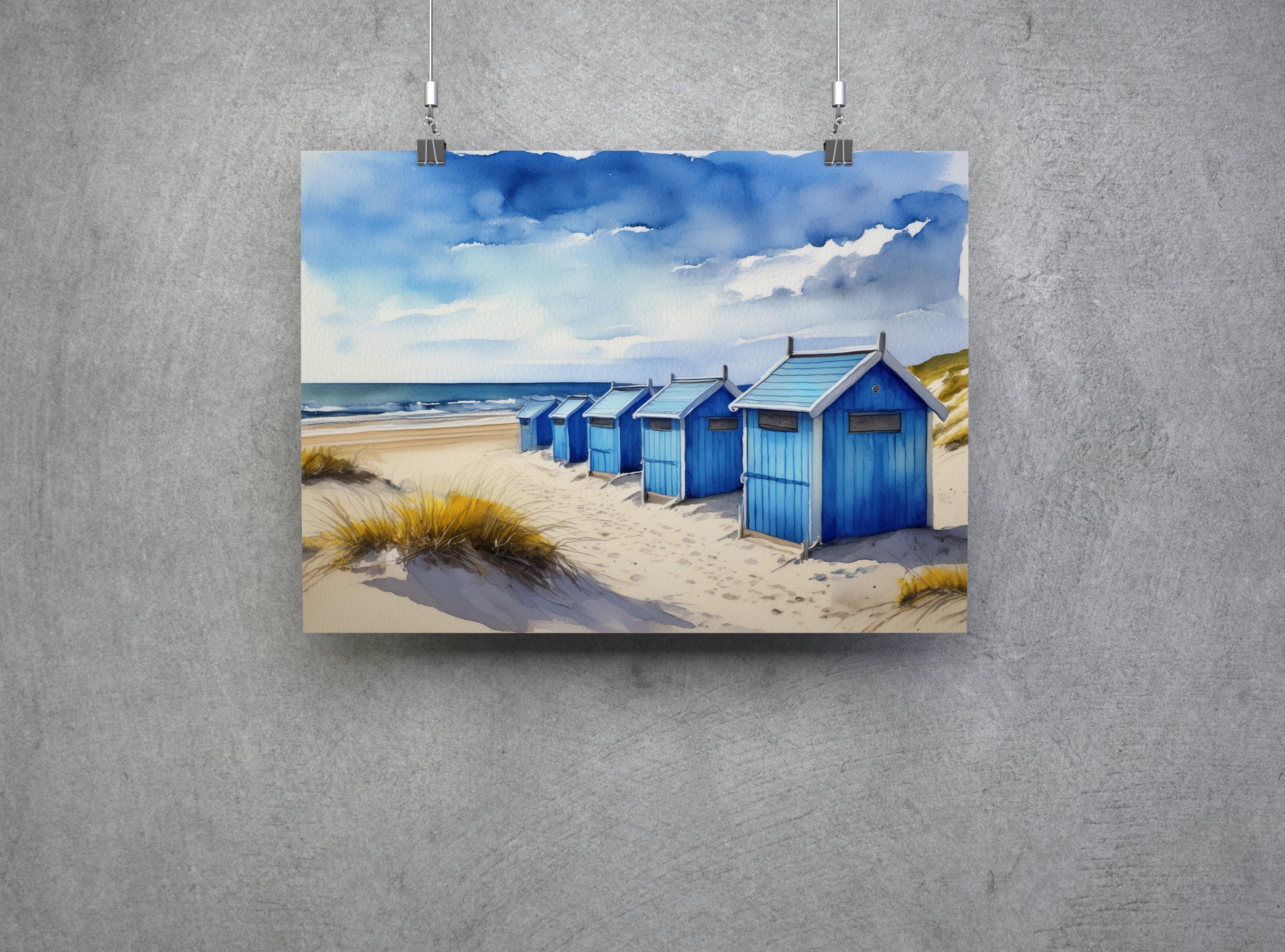 Blue Beach Huts Seaside Landscape Wall Art