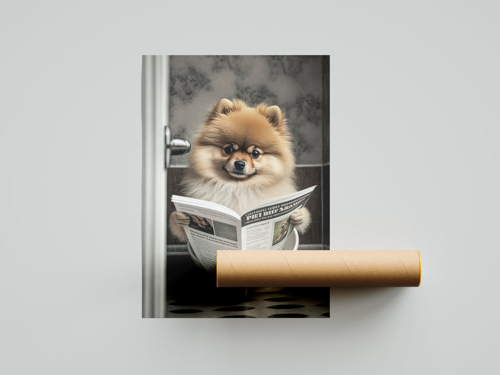 Pomeranian Reading Paper On Toilet Funny Canvas Print Wall Art