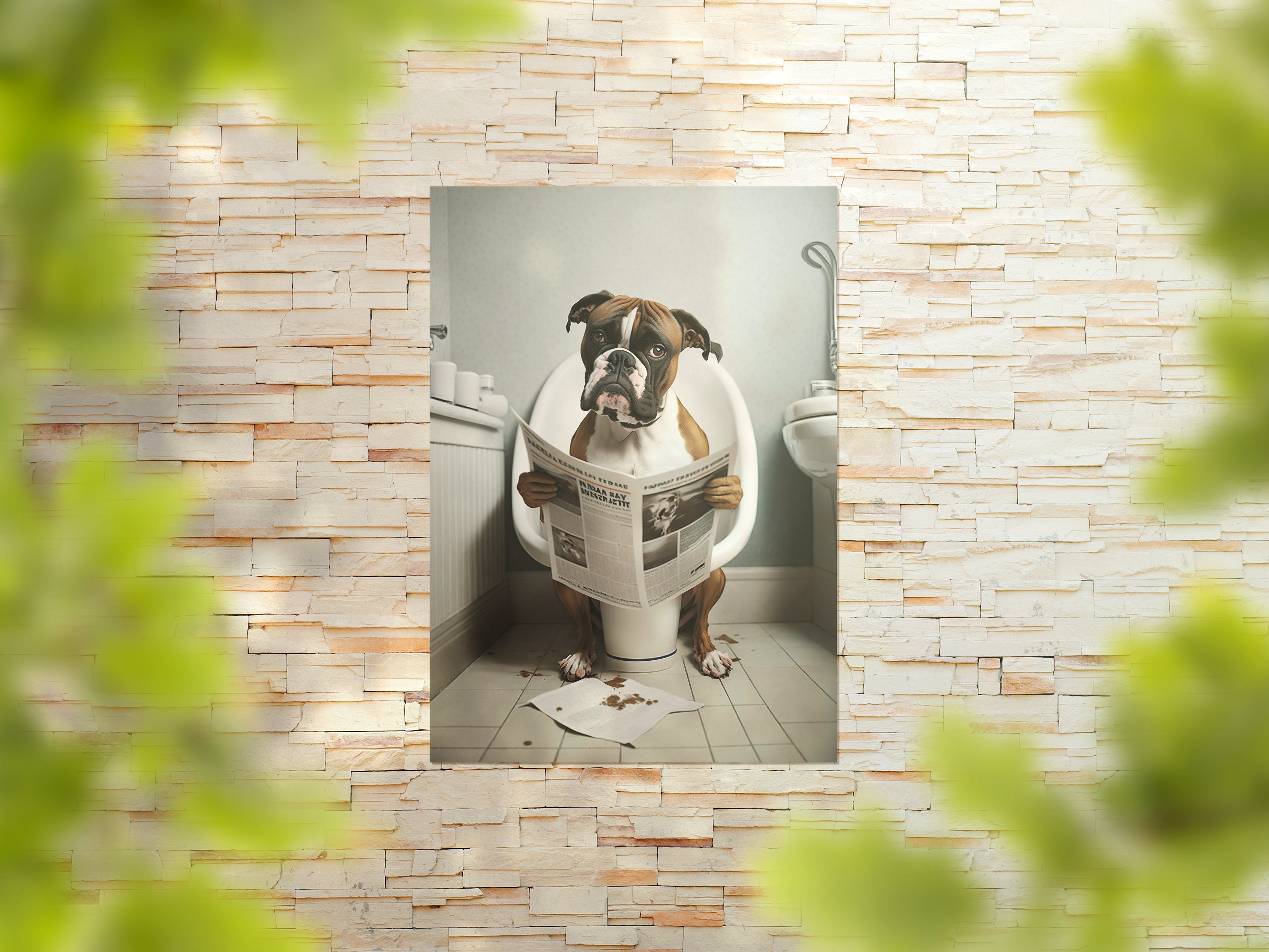 Boxer Dog Reading Paper On Toilet Funny Canvas Print Wall Art Décor Picture