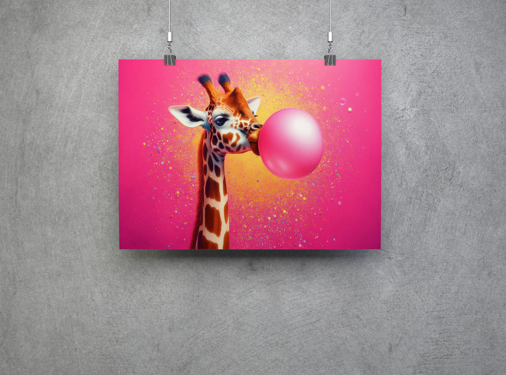 Giraffe Blowing Pink Bubble Gum Canvas Print Wall Art