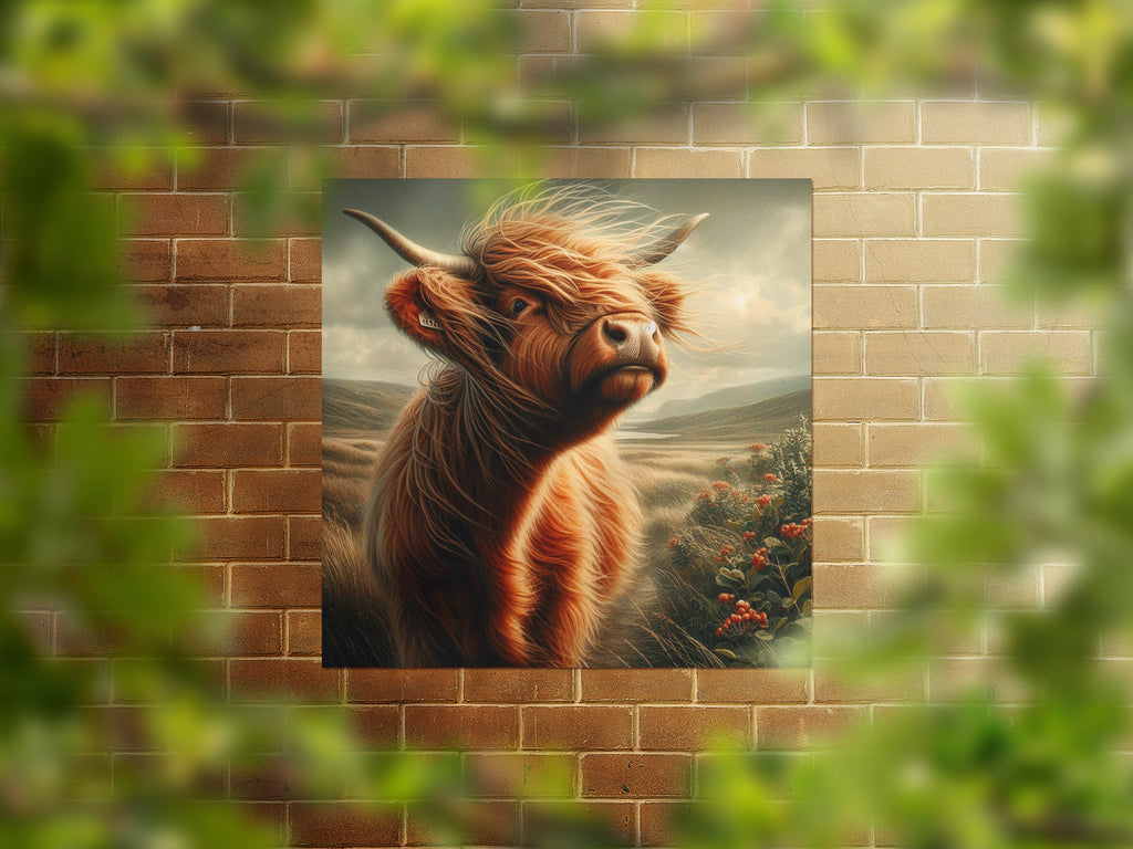 Scottish Highland Cow Scenic Square Canvas Print Wall Art