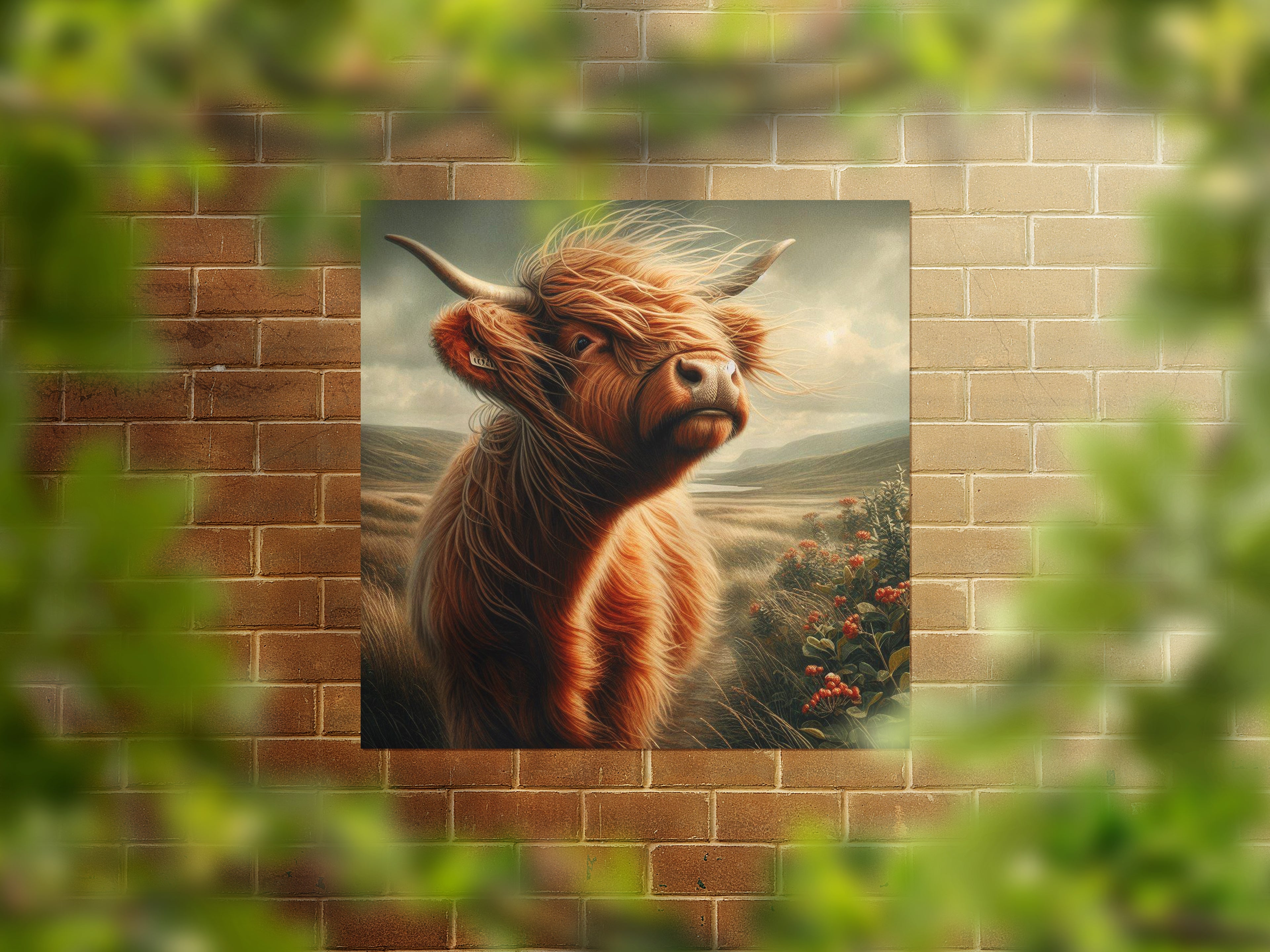 Scottish Highland Cow Scenic Square Canvas Print Wall Art