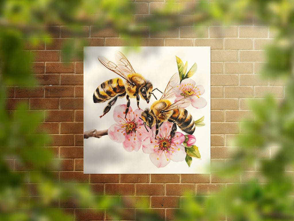 Honey Bees On Cherry Blossom Nature Canvas Wall Art Print