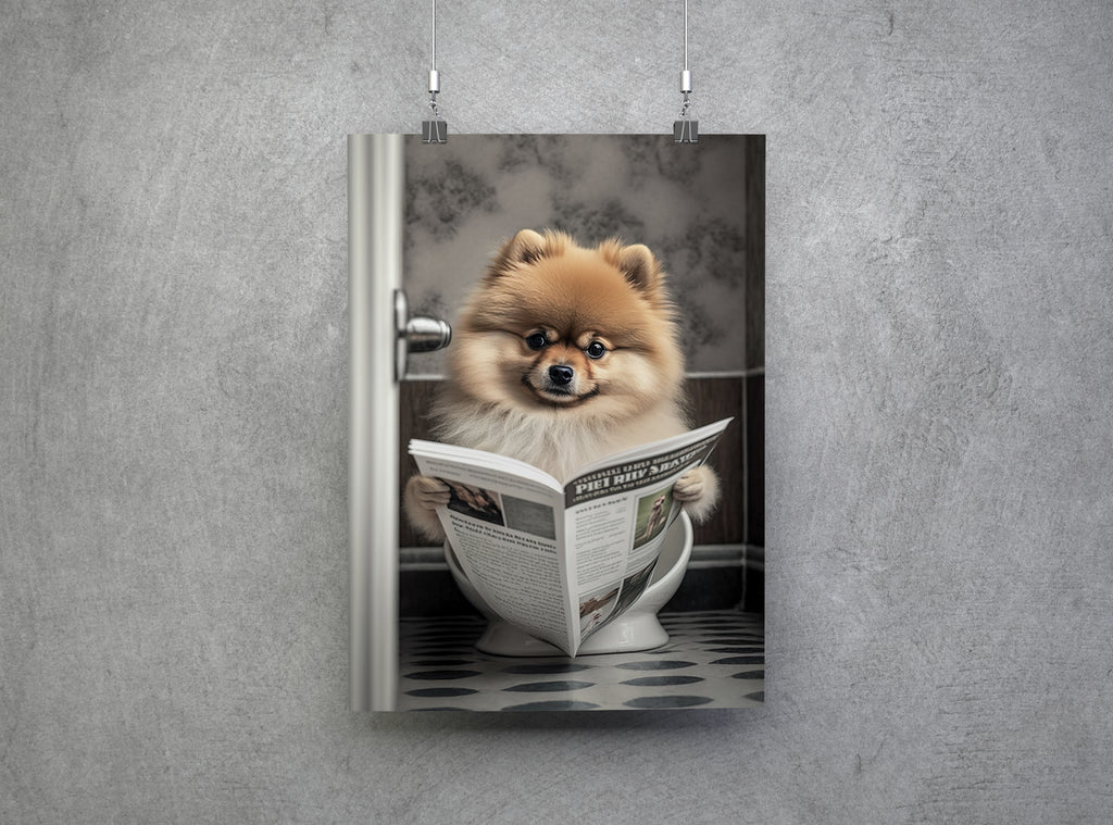 Pomeranian Reading Paper On Toilet Funny Canvas Print Wall Art