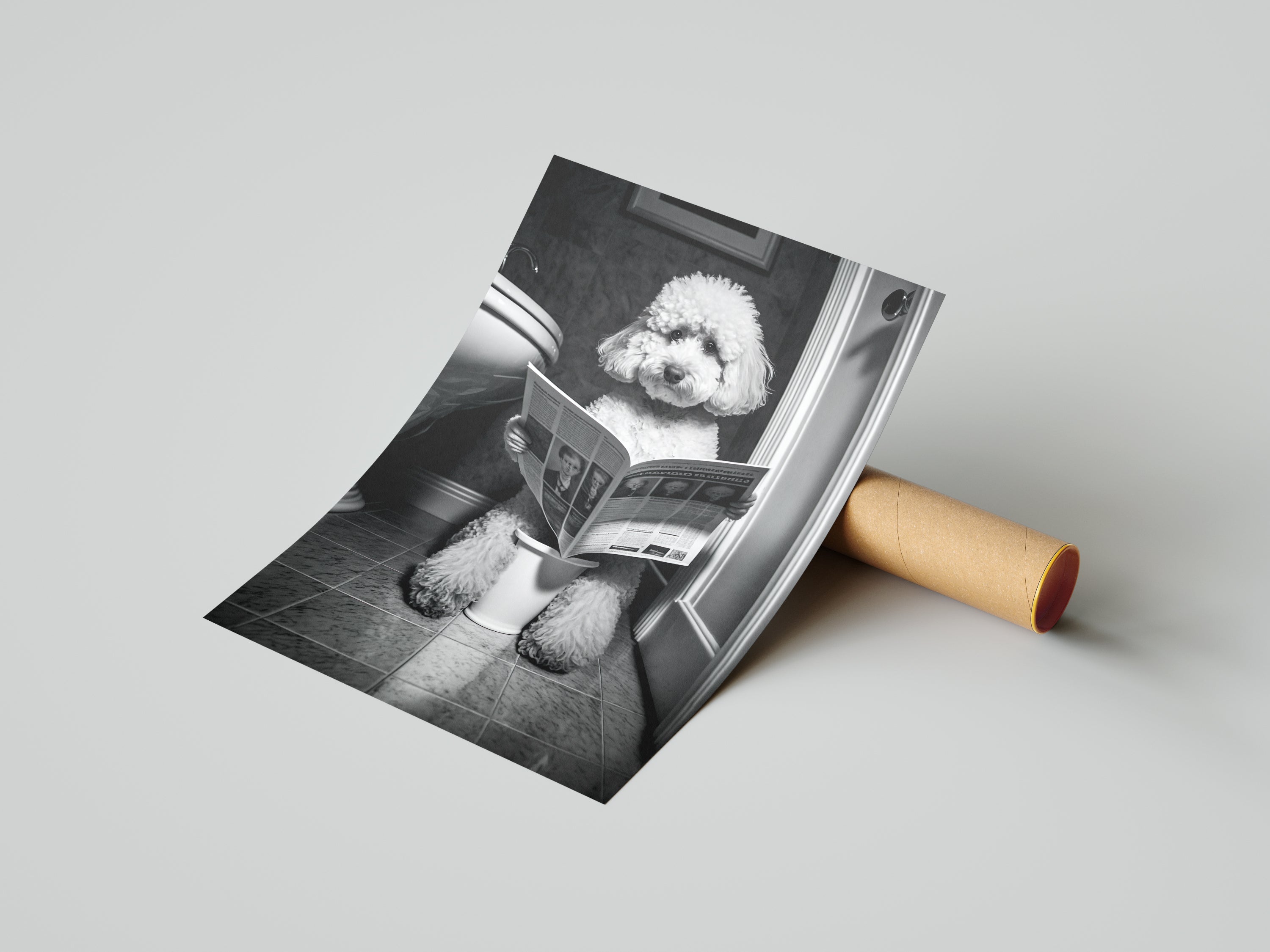 Poodle Dog Reading Newspaper On Toilet Bathroom Wall Art