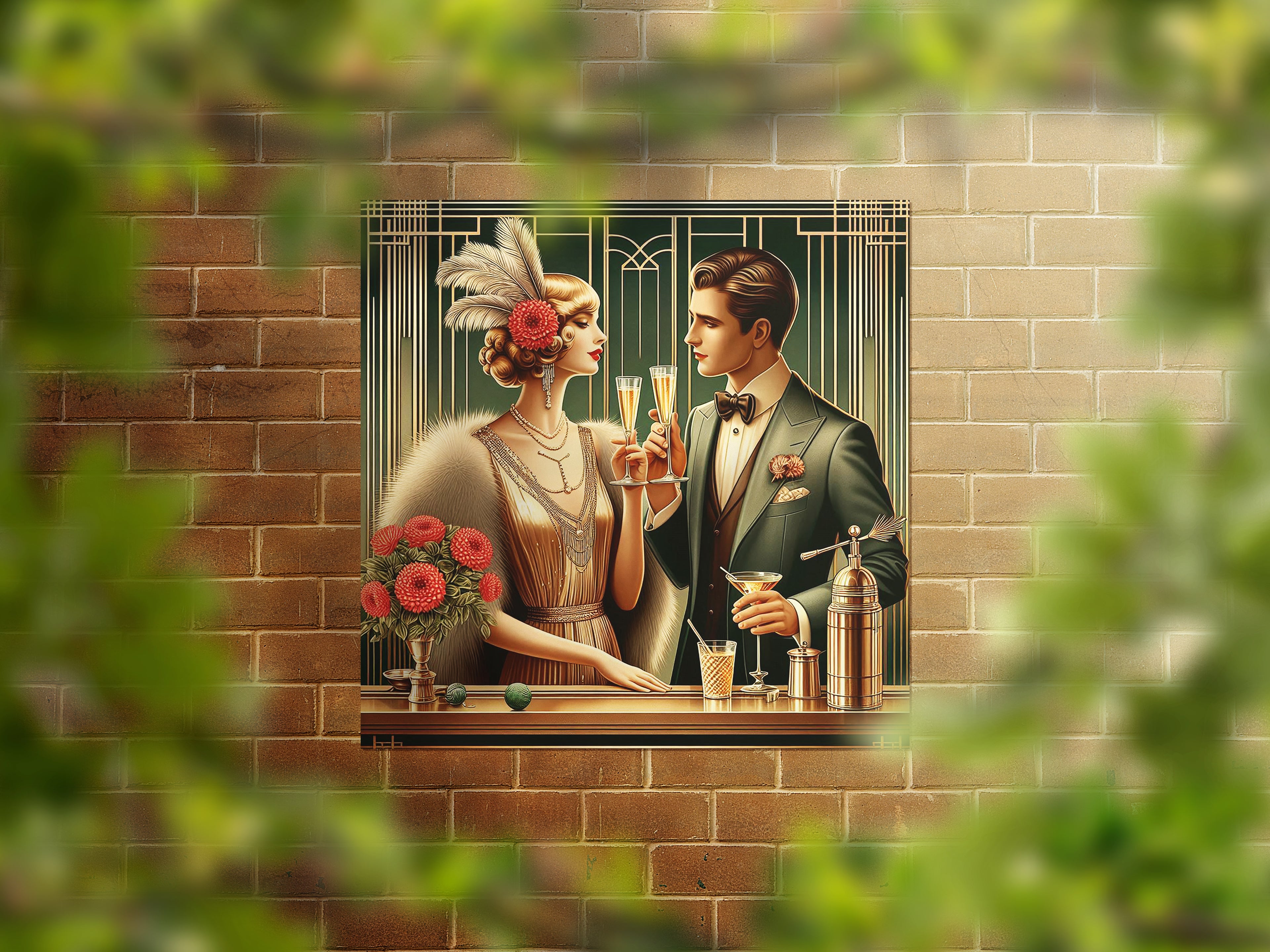 Art Deco Couple Drinking Square Canvas Print Wall Art
