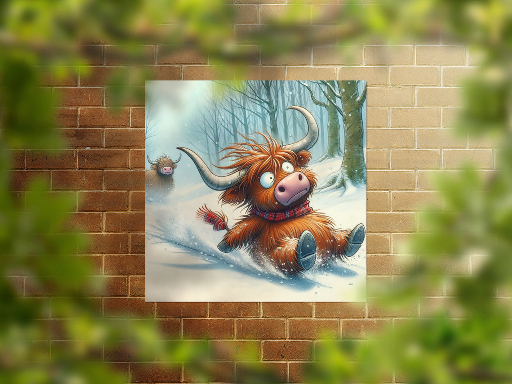 Highland Cow Playing In The Snow Canvas Wall Art Print