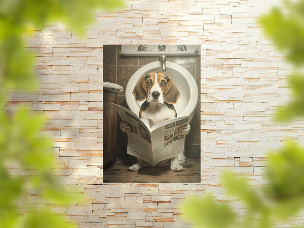 Beagle Dog Reading Paper On Toilet Funny Canvas Print Wall Art Décor Picture