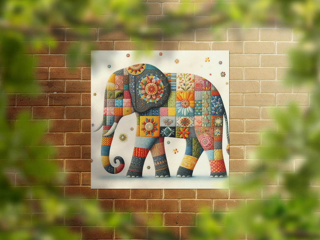 Colourful Patchwork Elephant Square Canvas Print Wall Art or Poster Print