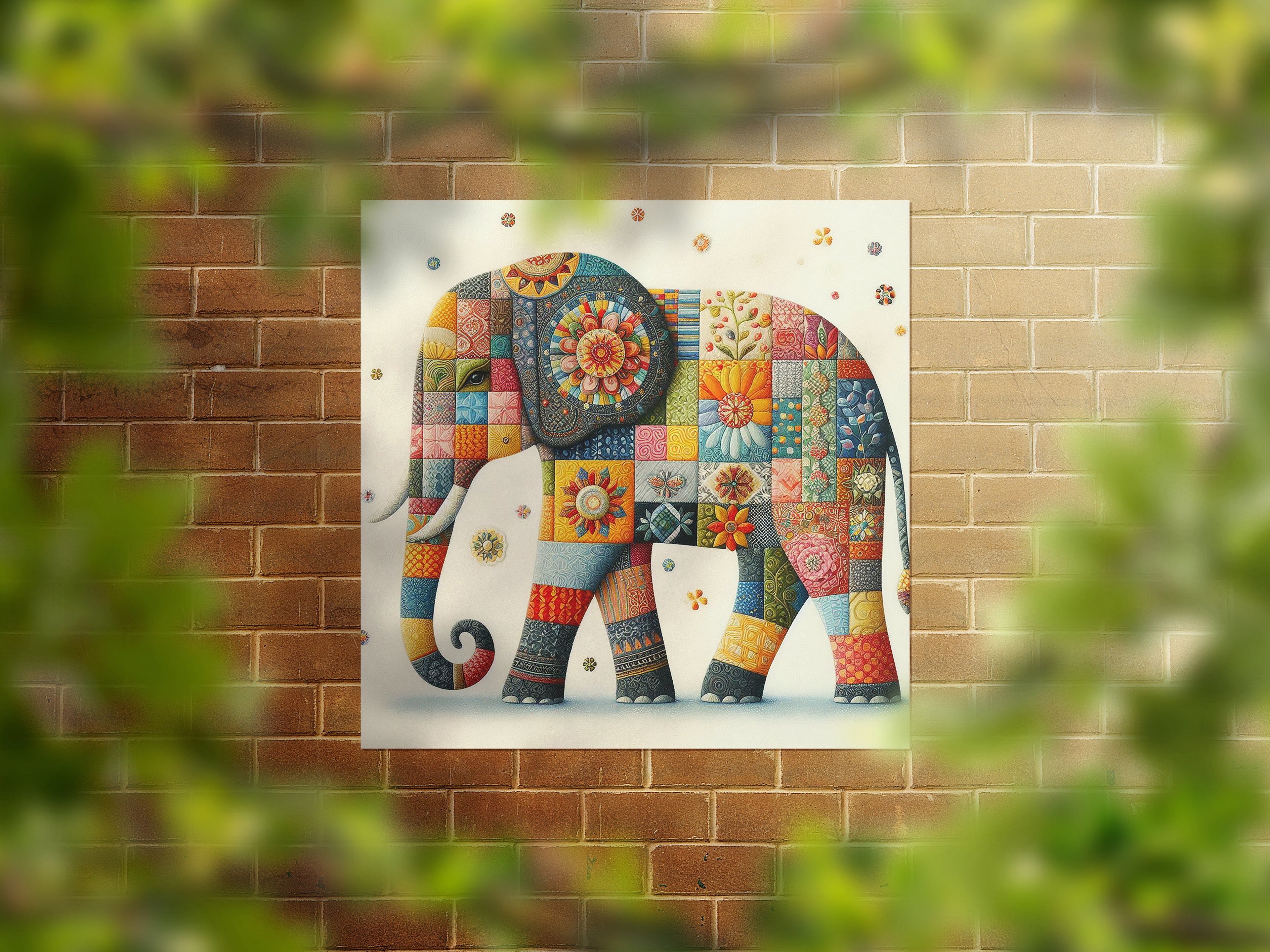 Colourful Patchwork Elephant Square Canvas Print Wall Art or Poster Print