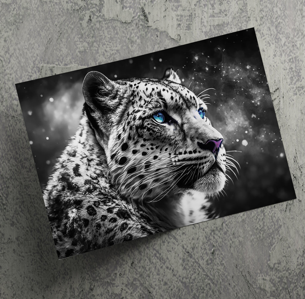 Black and White Big Cat Snow Leopard Face Wall Art Canvas Print