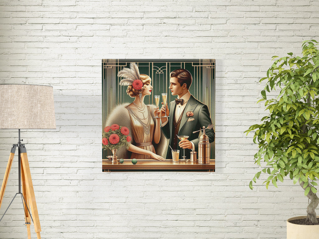 Art Deco Couple Drinking Square Canvas Print Wall Art