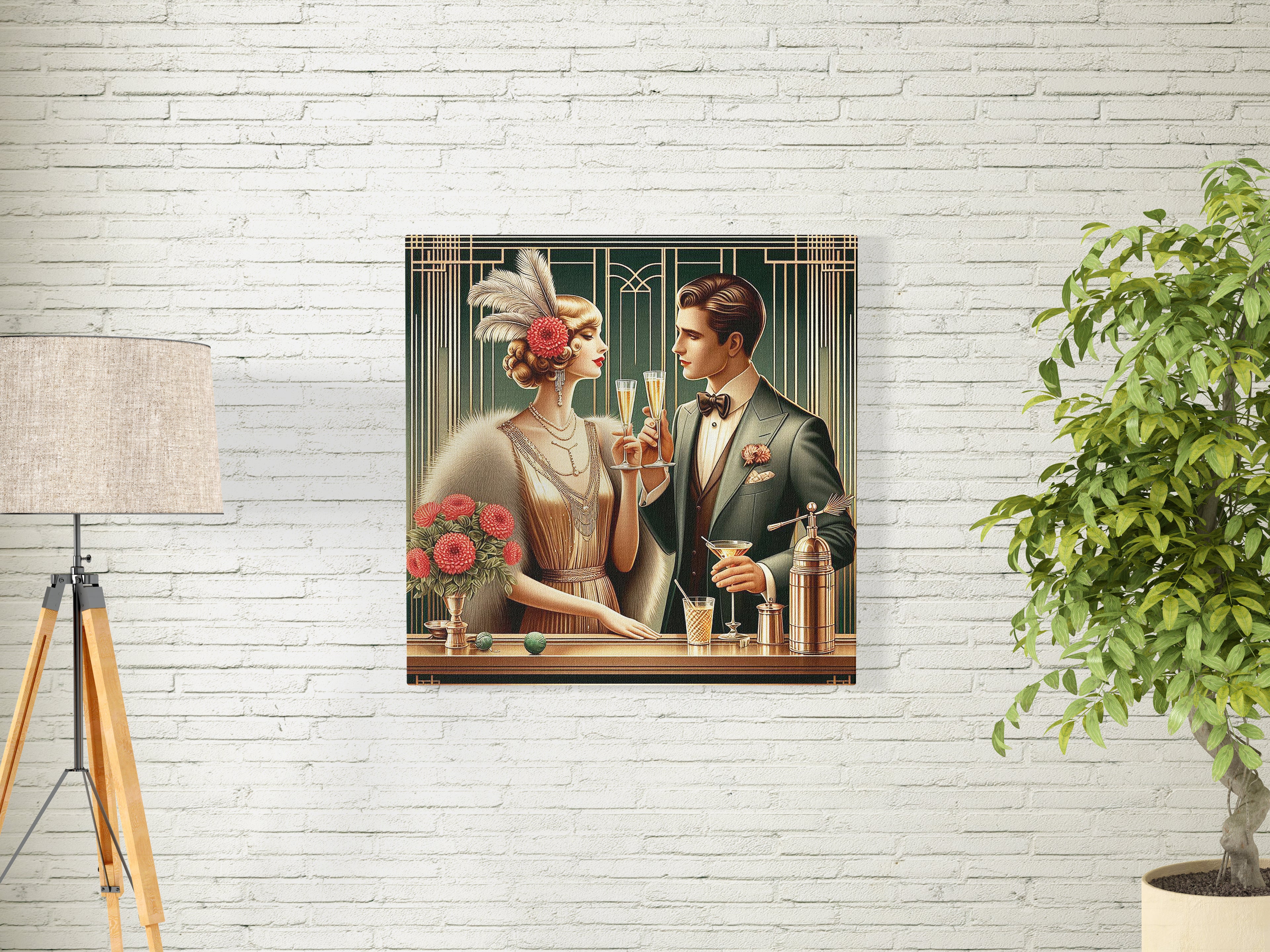 Art Deco Couple Drinking Square Canvas Print Wall Art