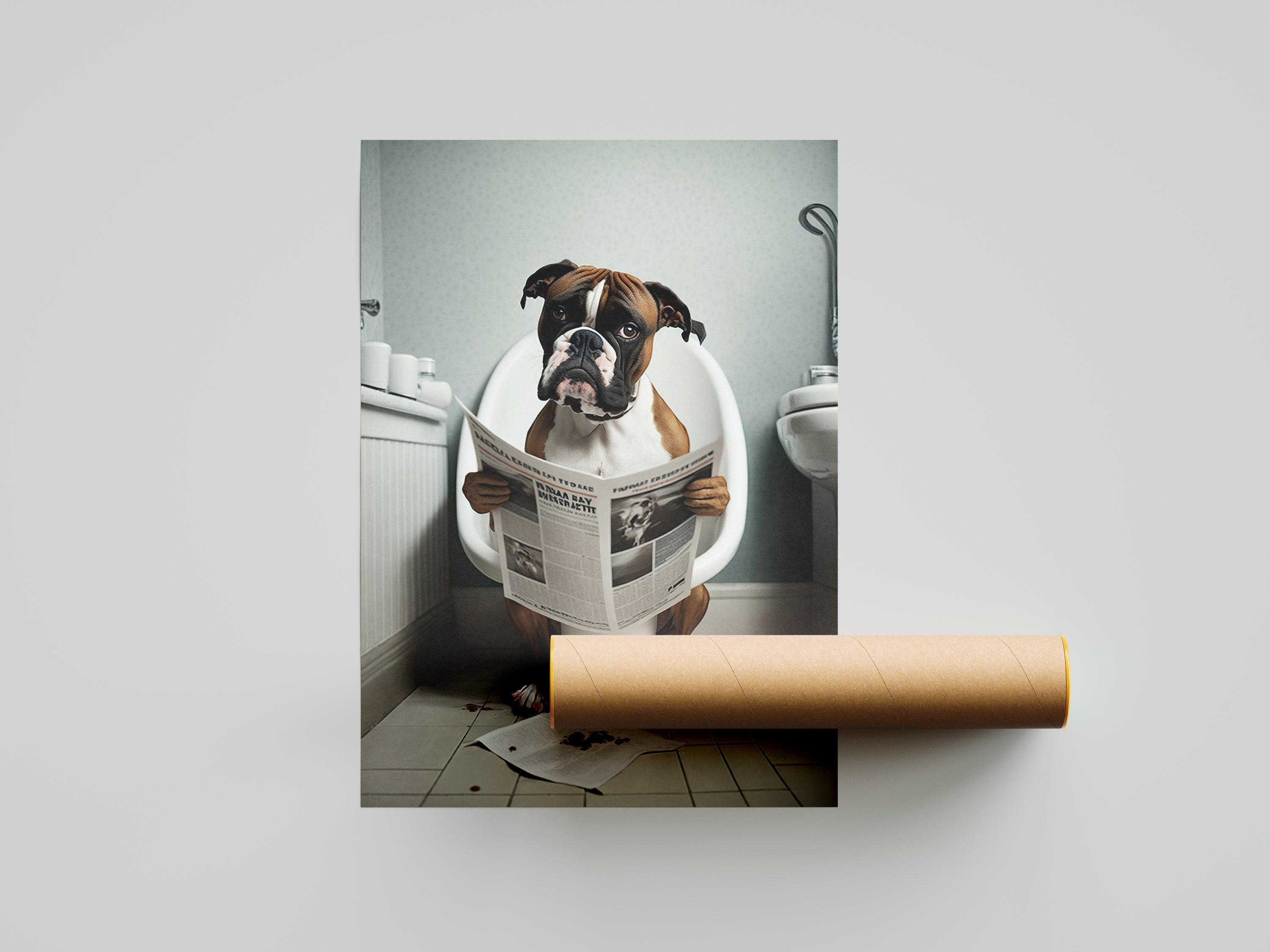 Boxer Dog Reading Paper On Toilet Funny Canvas Print Wall Art Décor Picture
