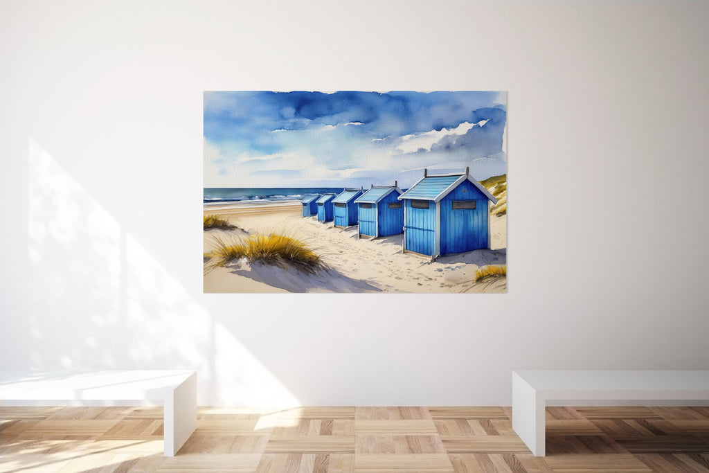 Blue Beach Huts Seaside Landscape Wall Art