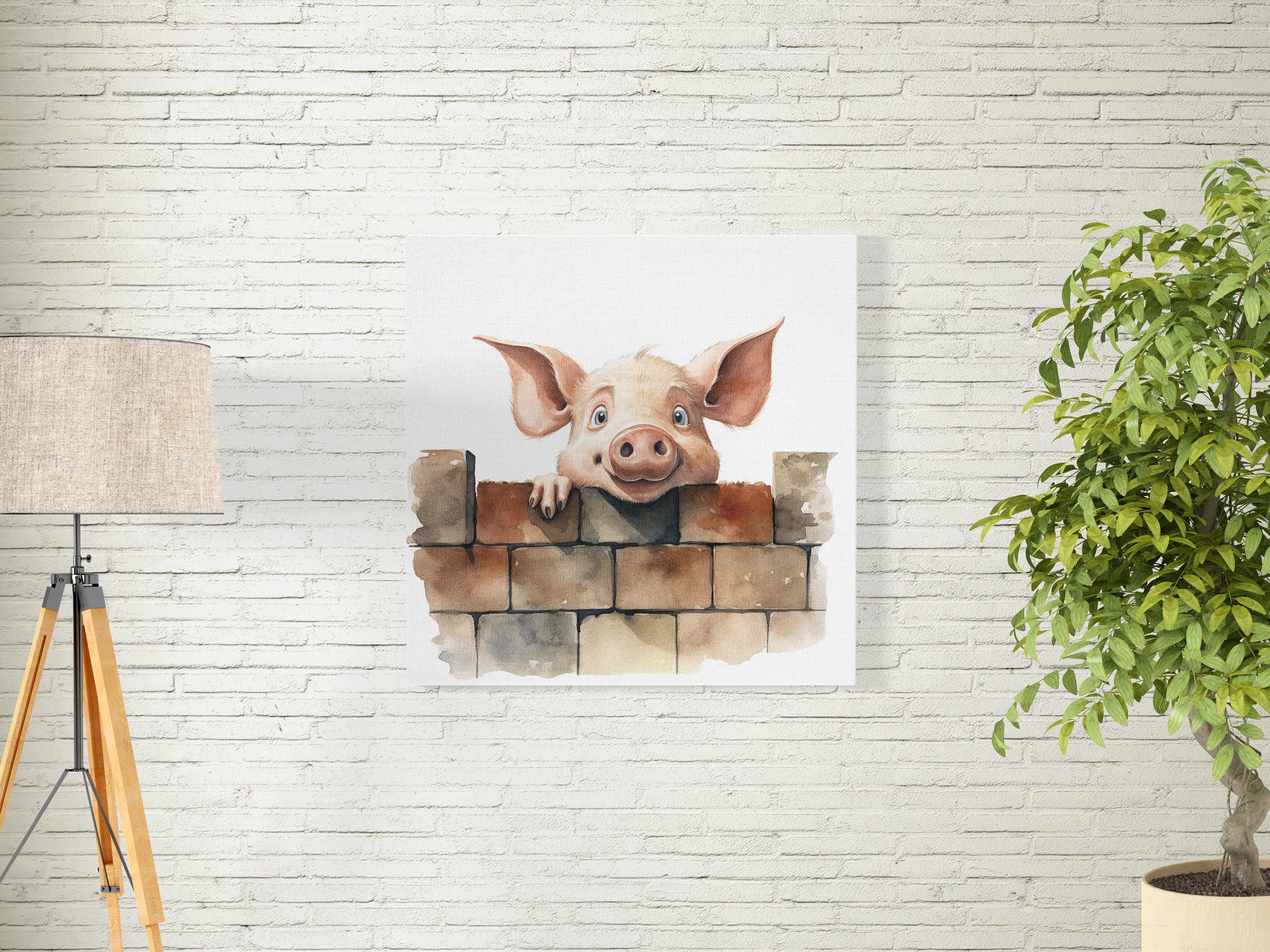 Funny Pig peering Over The Wall Canvas Print Wall Art