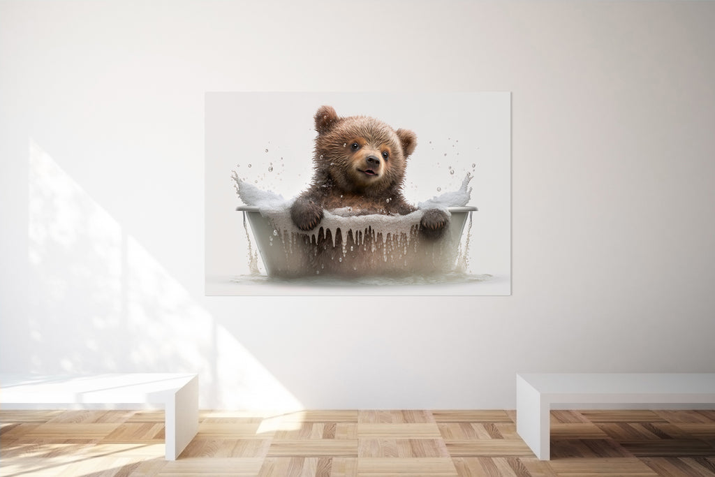 Cute Bear Cub In A Bubble Bath Canvas Print Wall Art
