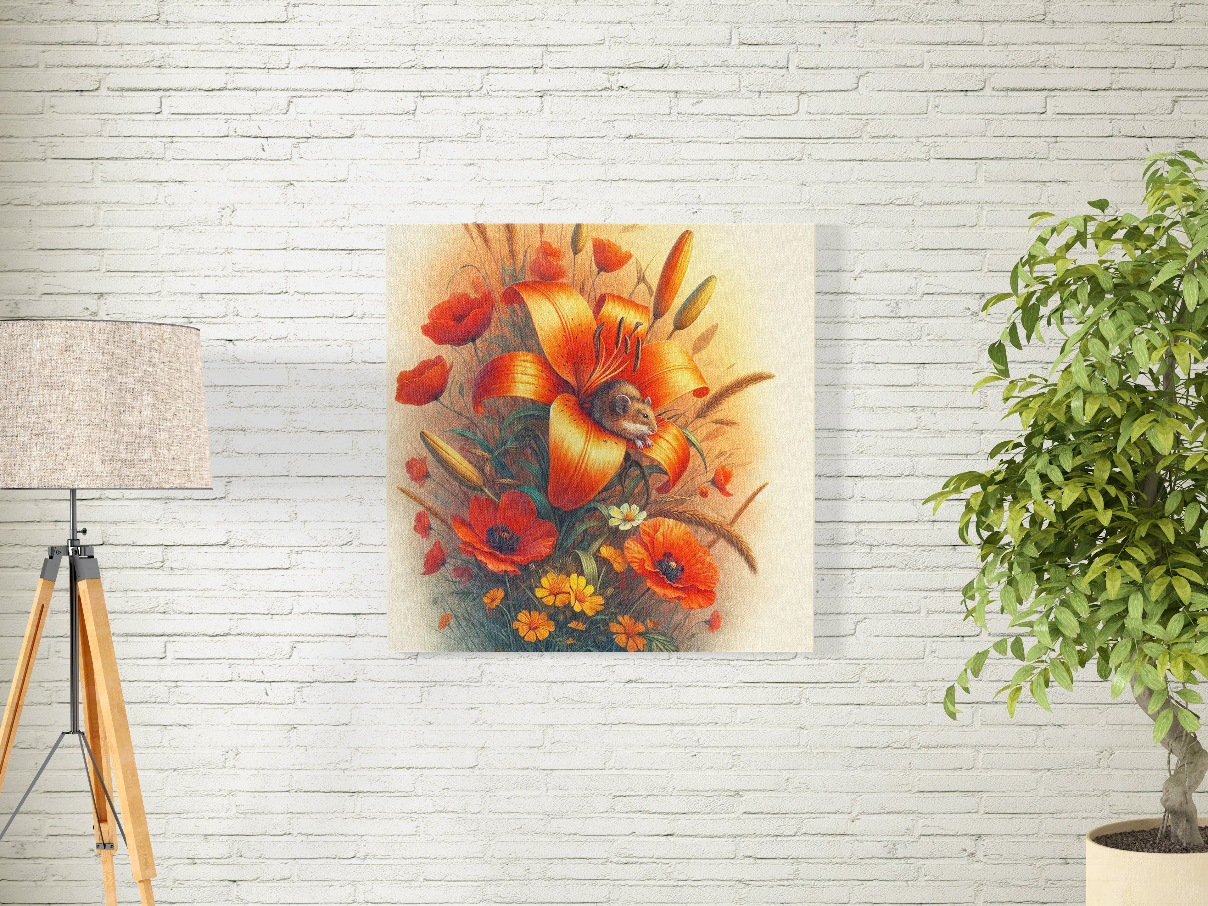 Flowers and Field Mouse Floral Canvas Wall Art Print