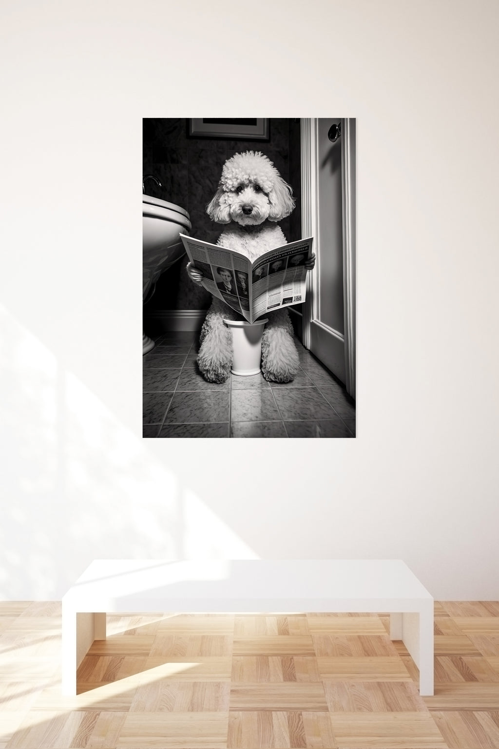 Poodle Dog Reading Newspaper On Toilet Bathroom Wall Art
