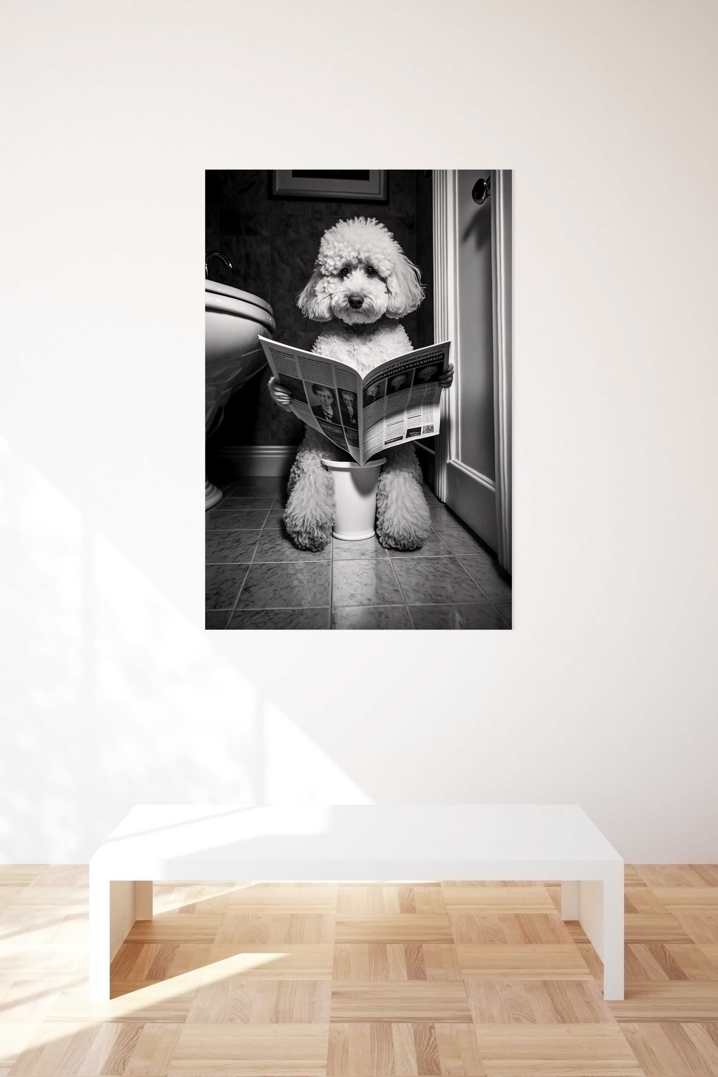 Poodle Dog Reading Newspaper On Toilet Bathroom Wall Art