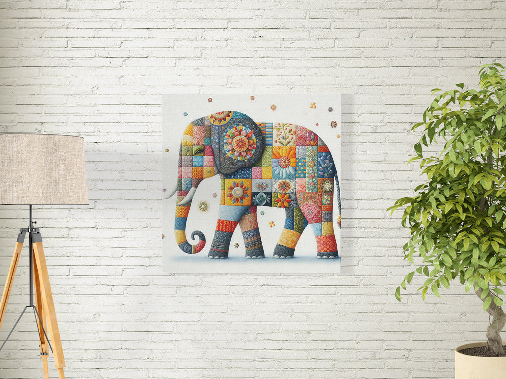 Colourful Patchwork Elephant Square Canvas Print Wall Art or Poster Print