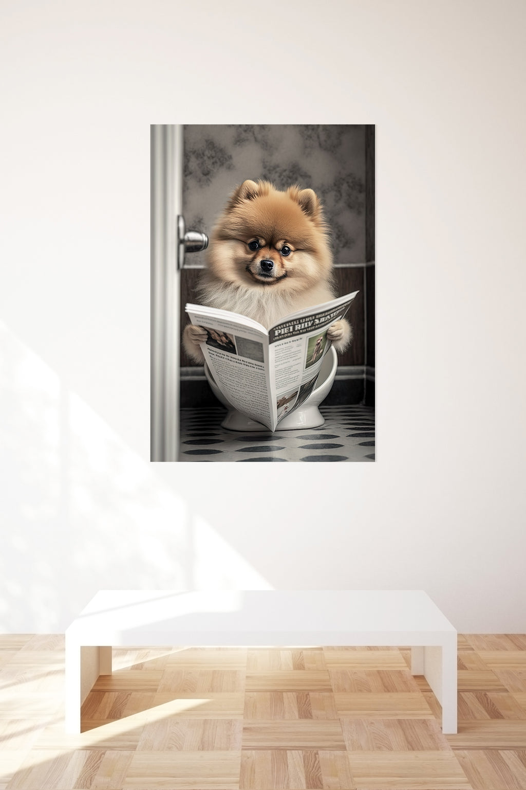 Pomeranian Reading Paper On Toilet Funny Canvas Print Wall Art