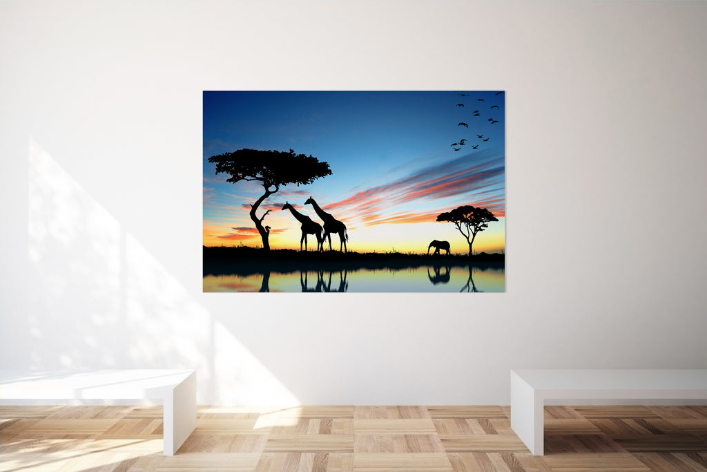 Giraffe Silhouettes African Sunset Landscape Wall Art