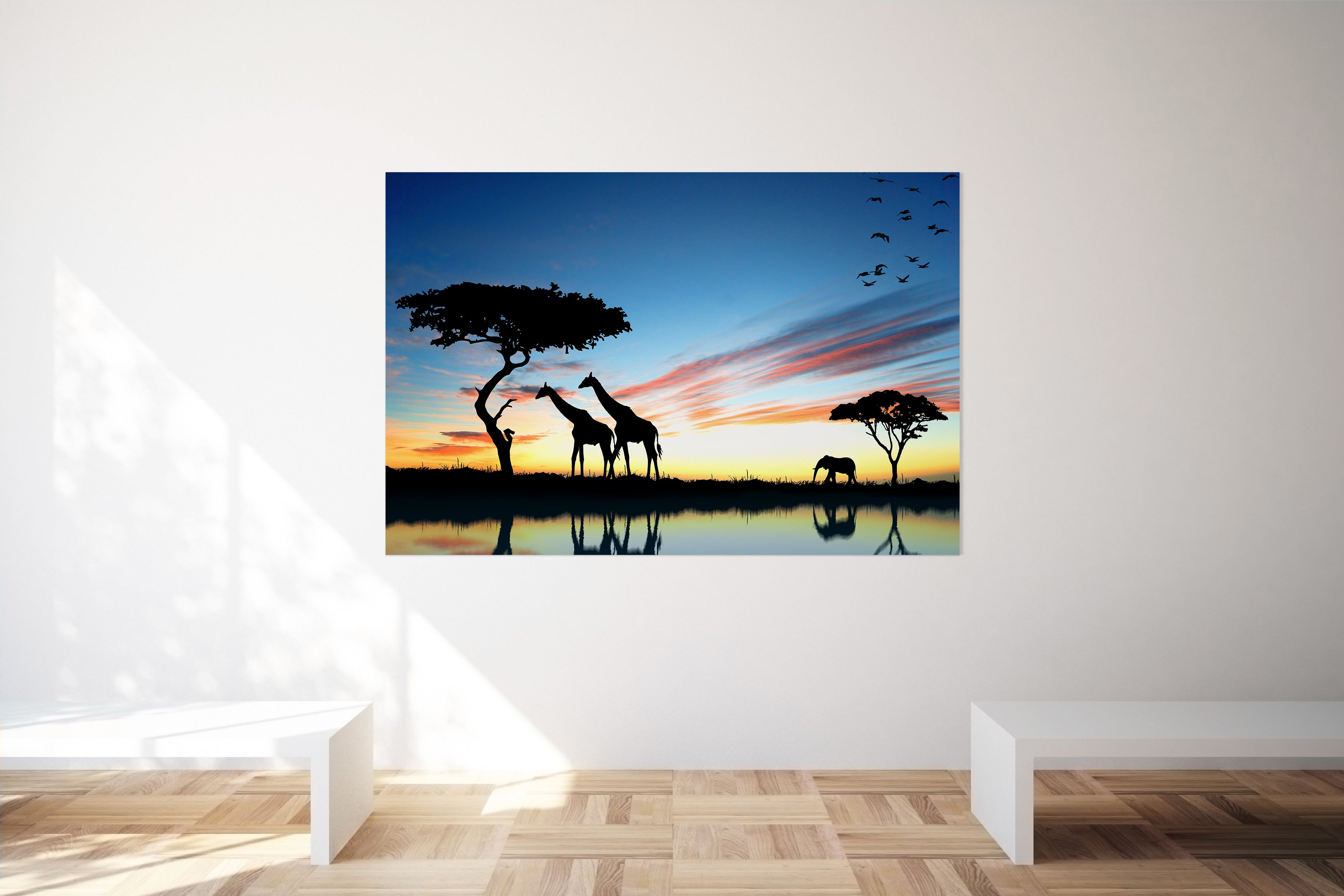 Giraffe Silhouettes African Sunset Landscape Wall Art