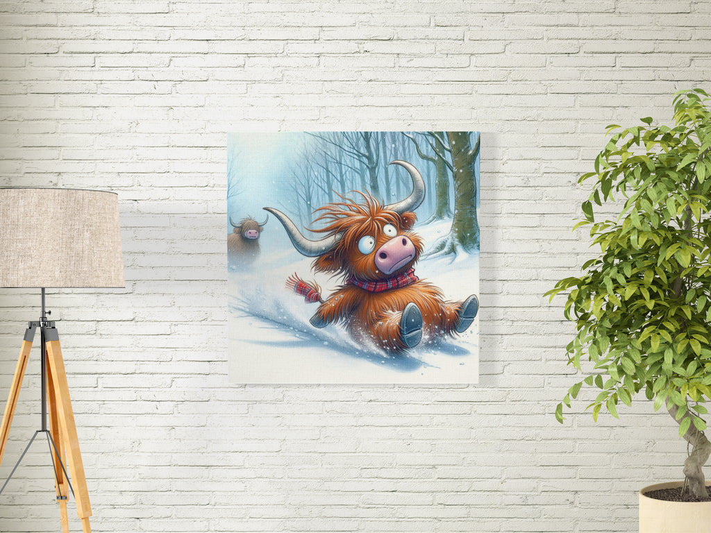 Highland Cow Playing In The Snow Canvas Wall Art Print